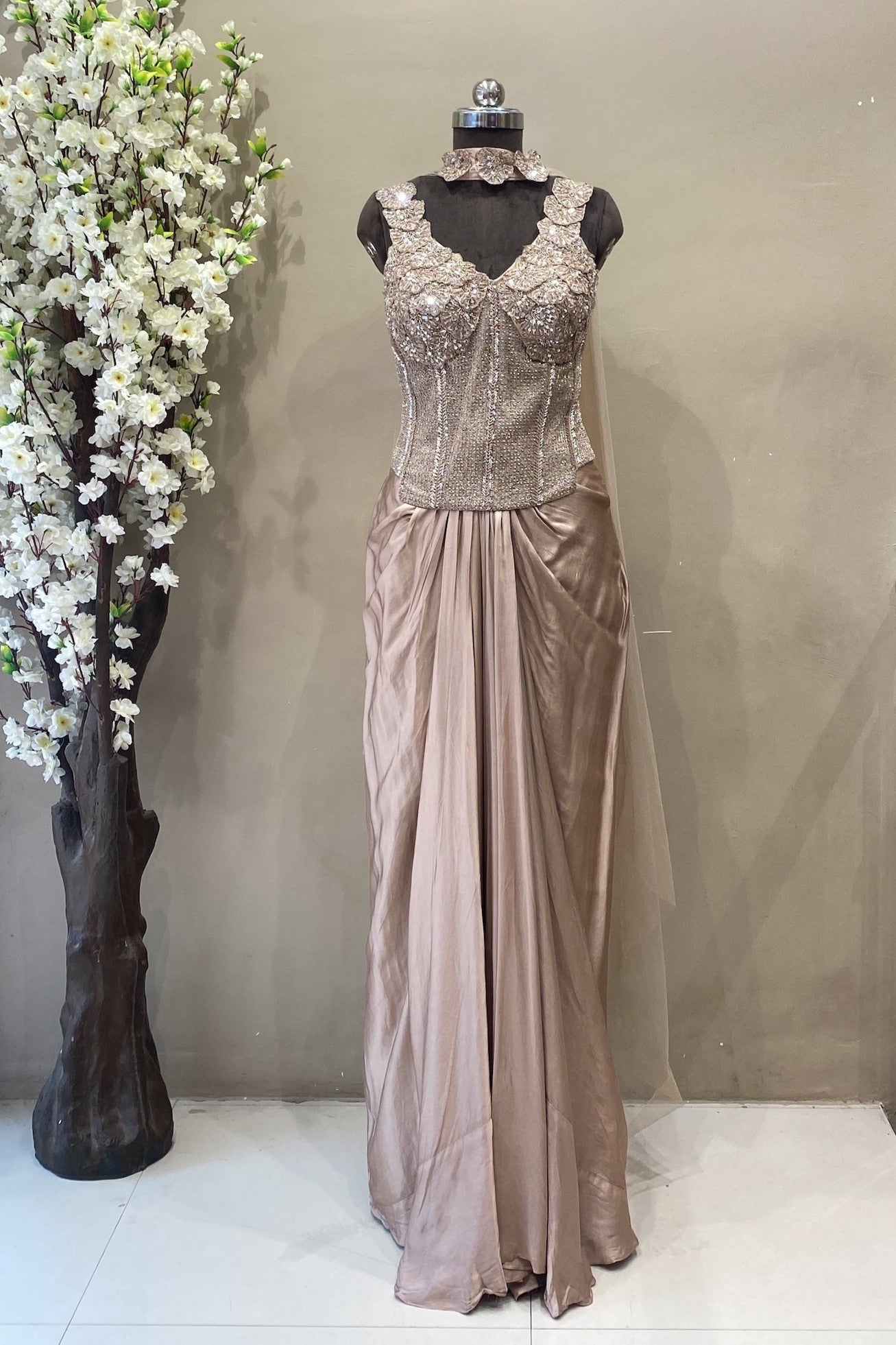 beautiful handcrafted indo western design with handwork corset blouse and pleated lehenga