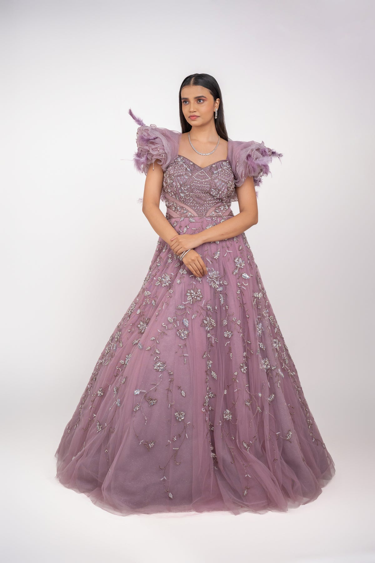 big shoulder ruffle design handwork gown.