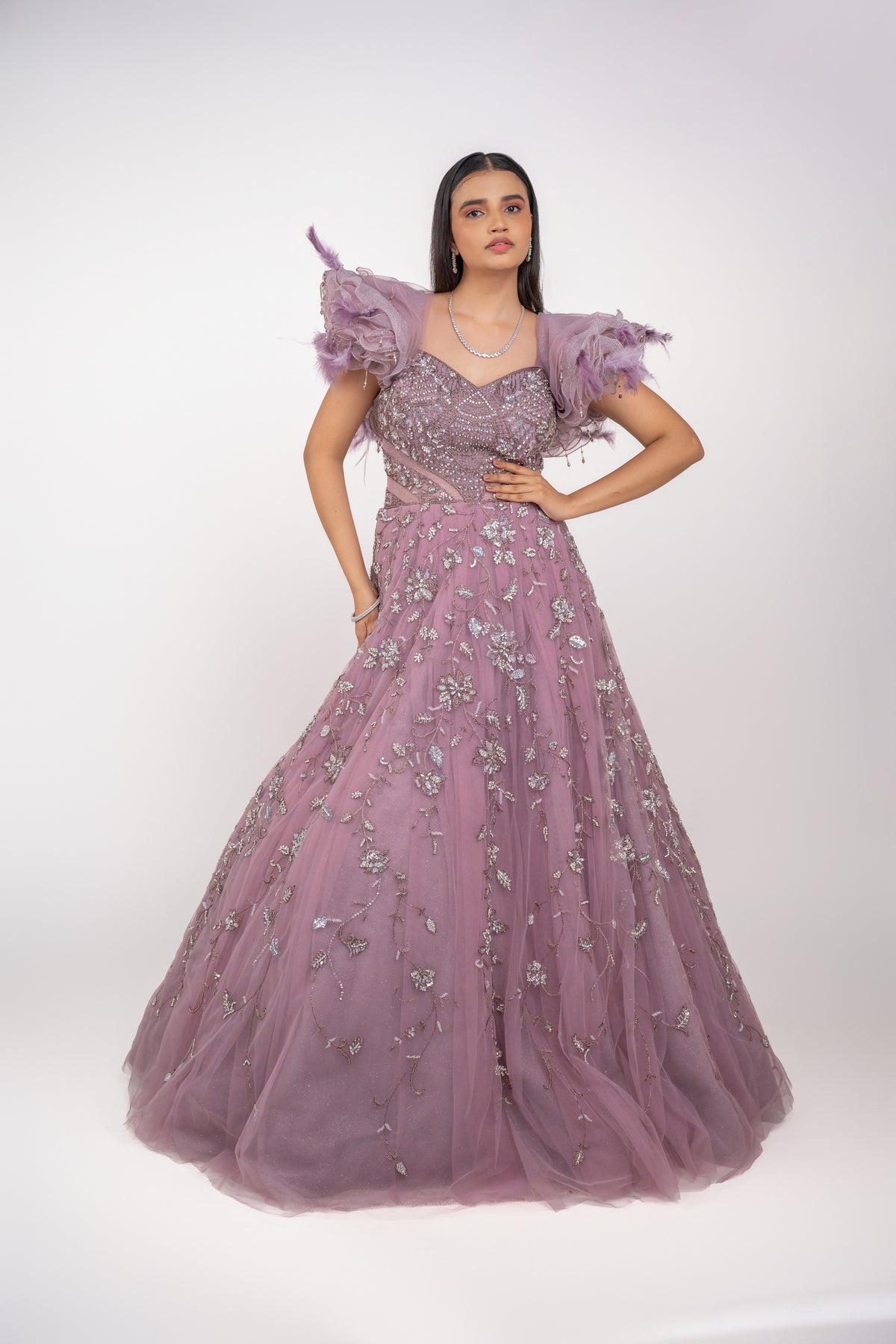 big shoulder ruffle design handwork gown.