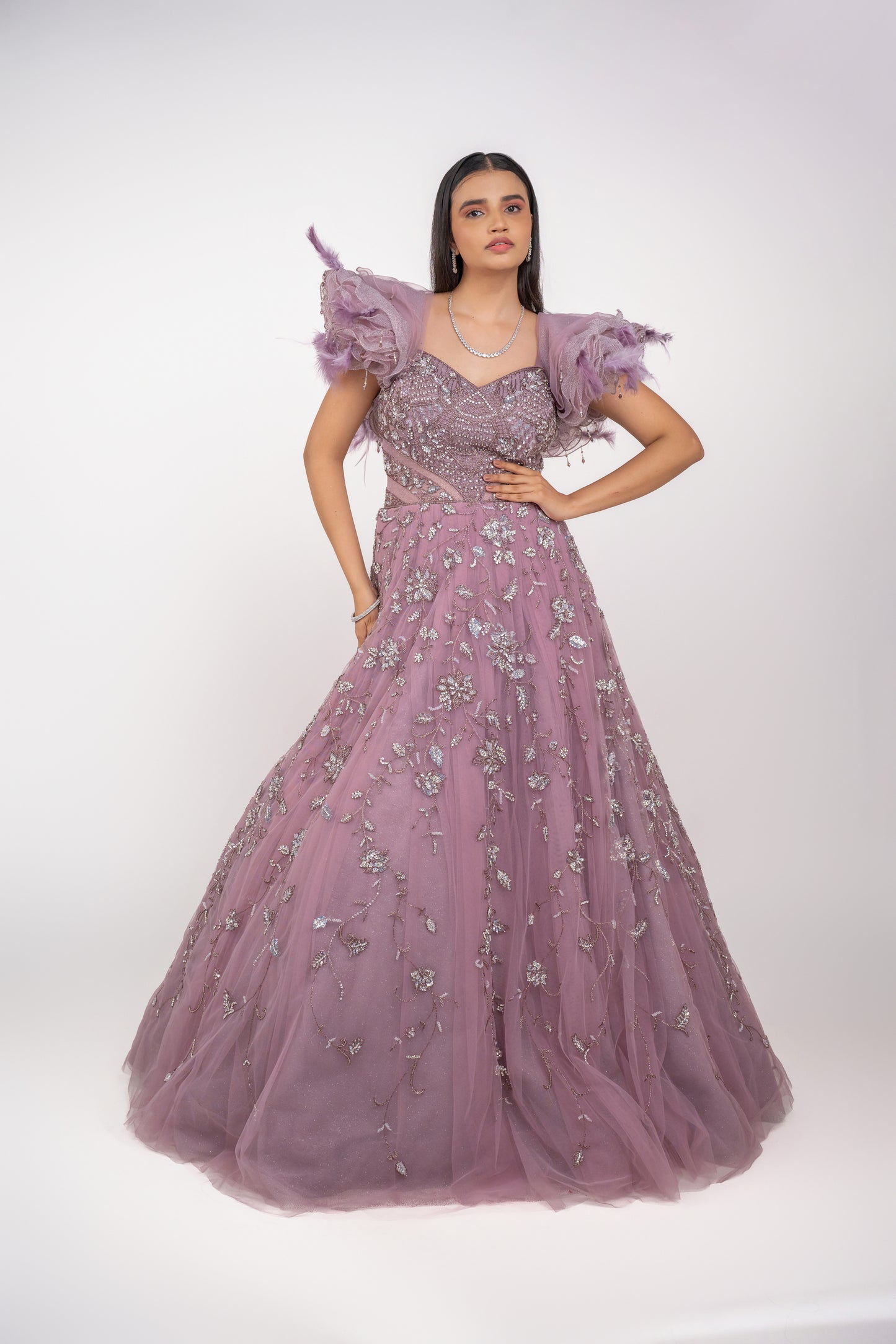 big shoulder ruffle design handwork gown.