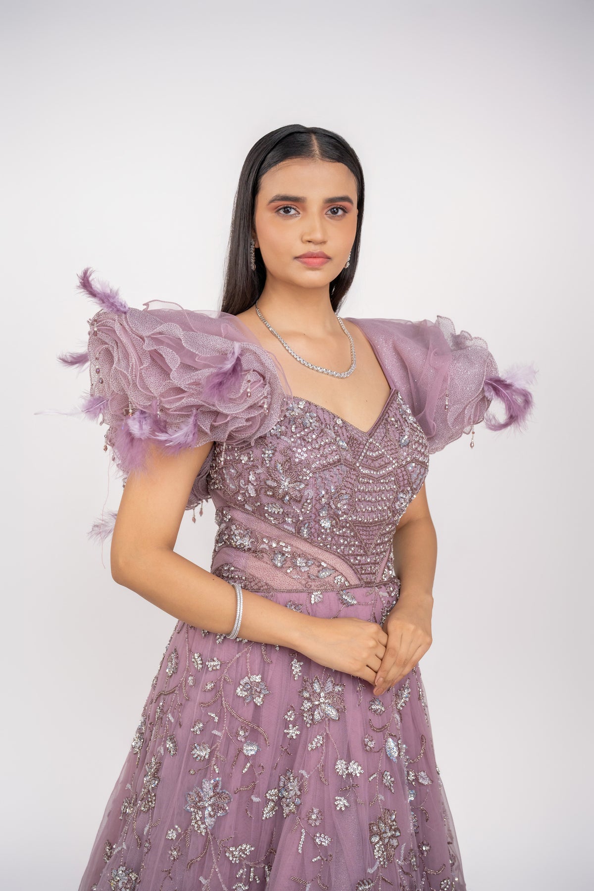 big shoulder ruffle design handwork gown.