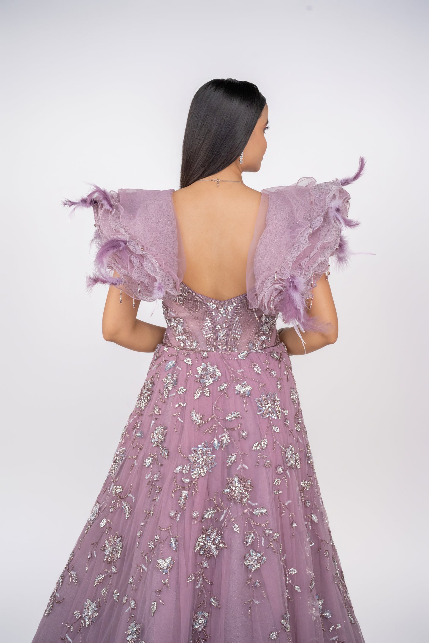 big shoulder ruffle design handwork gown.