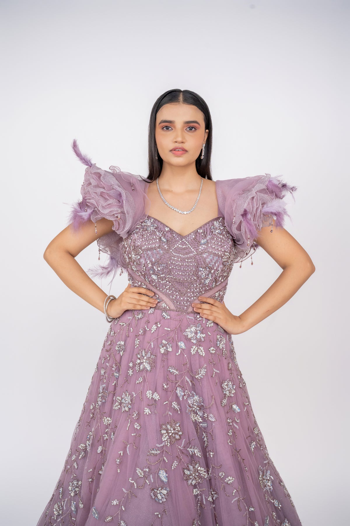 big shoulder ruffle design handwork gown.