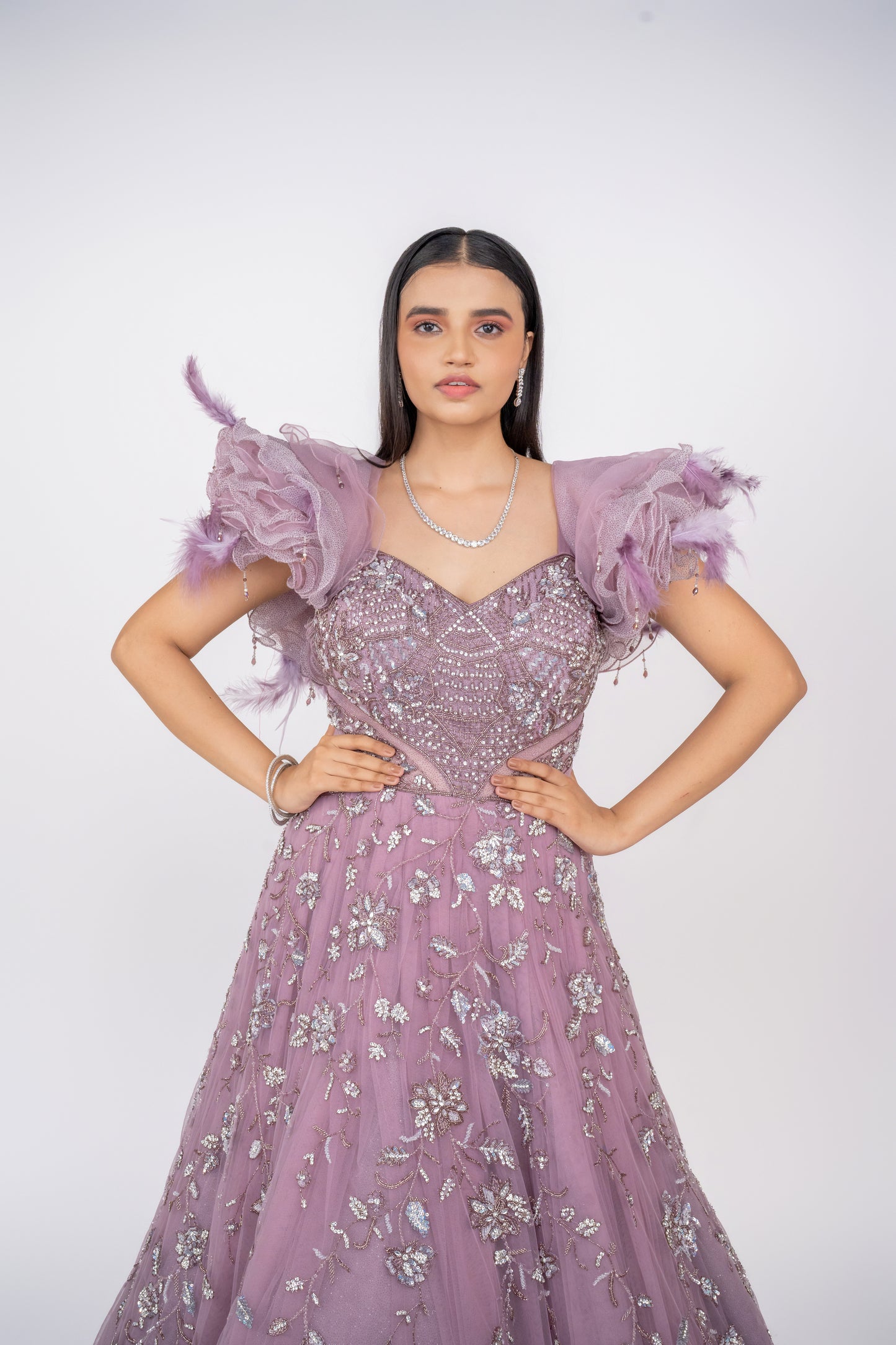 big shoulder ruffle design handwork gown.