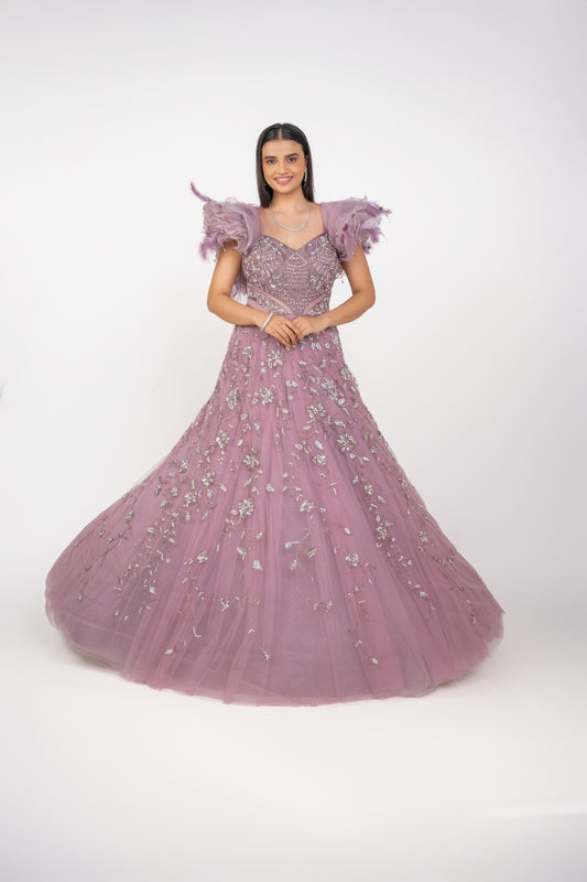 big shoulder ruffle design handwork gown.