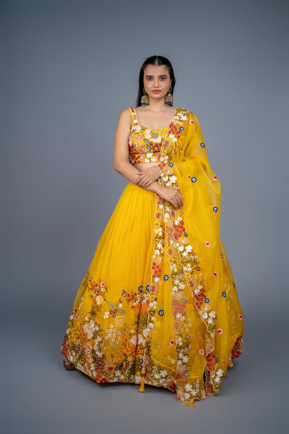 mustard multi colour floral lehenga best for haldi and mehandi function.