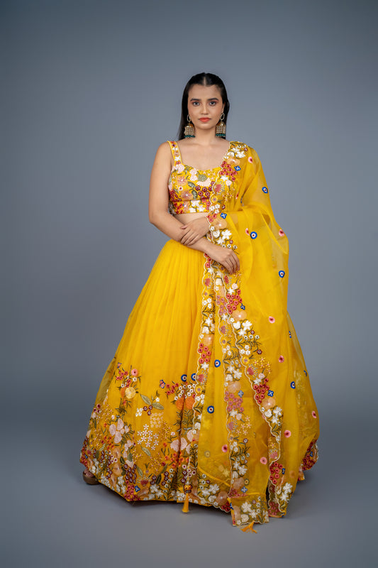 mustard multi colour floral lehenga best for haldi and mehandi function.