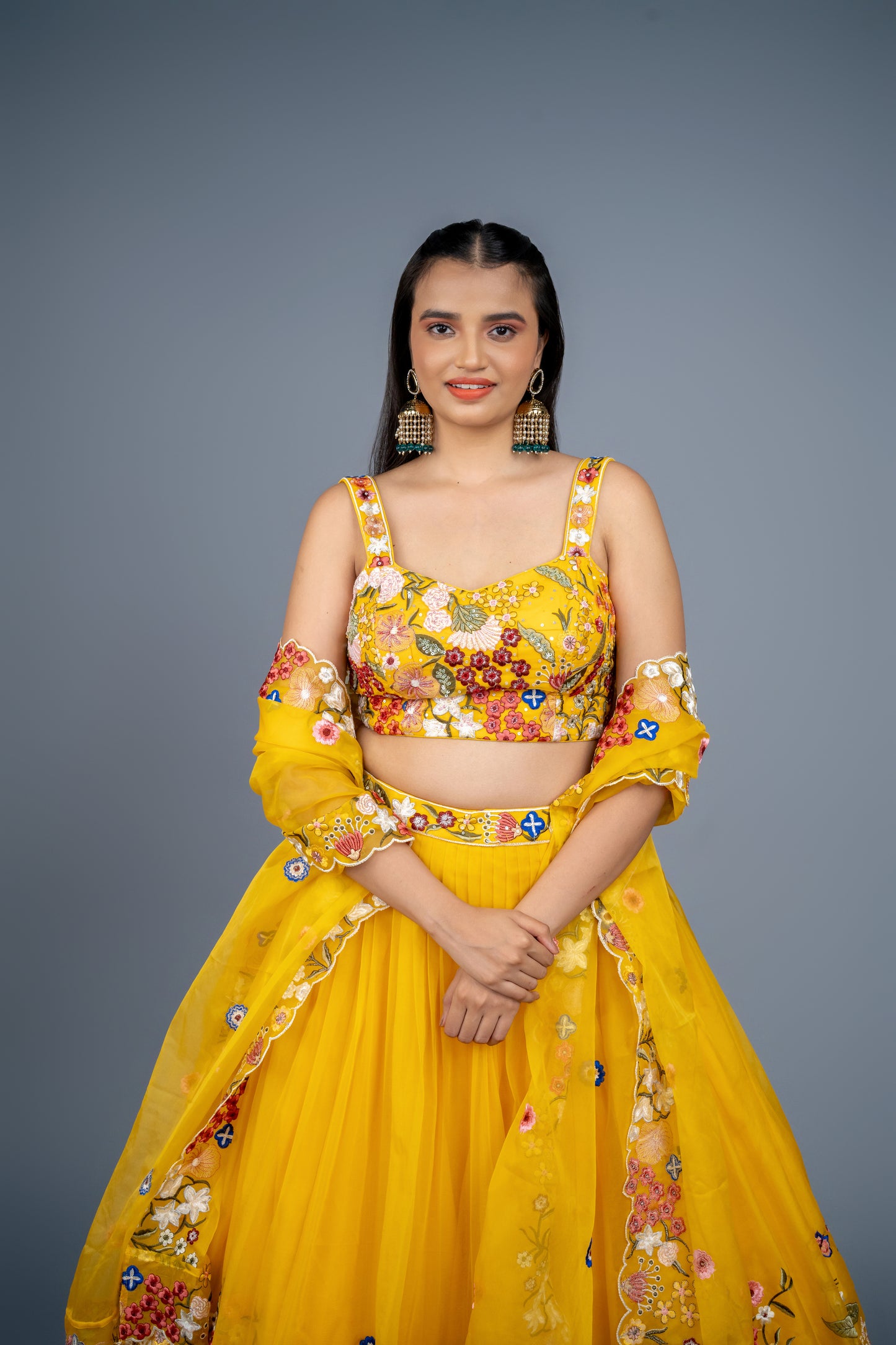 mustard multi colour floral lehenga best for haldi and mehandi function.