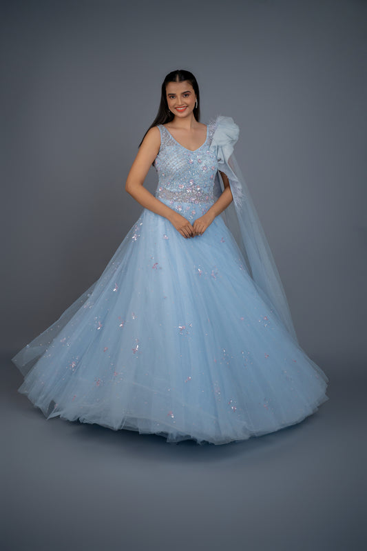Designer gown in Sky colour with customisation option available.
