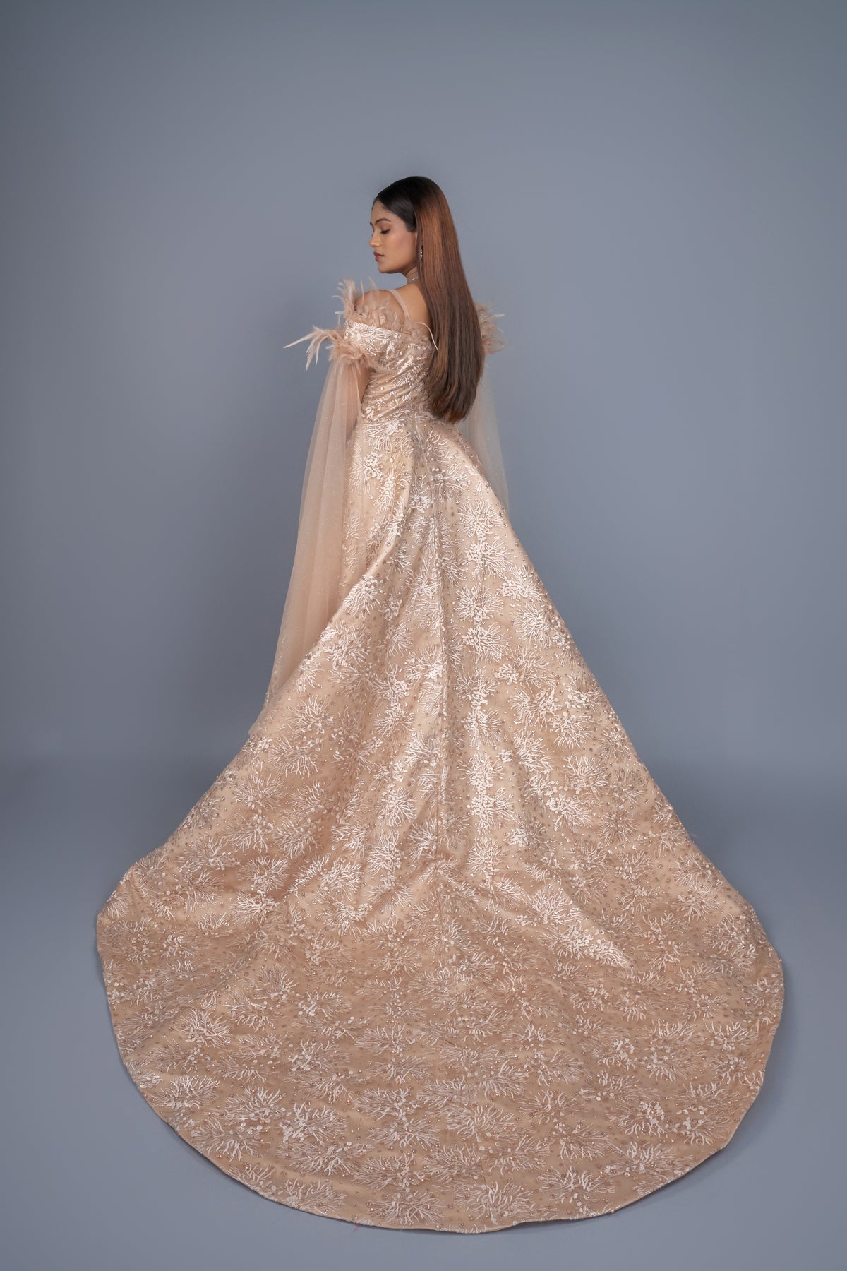 Beige Gold colour gown with long tail cut