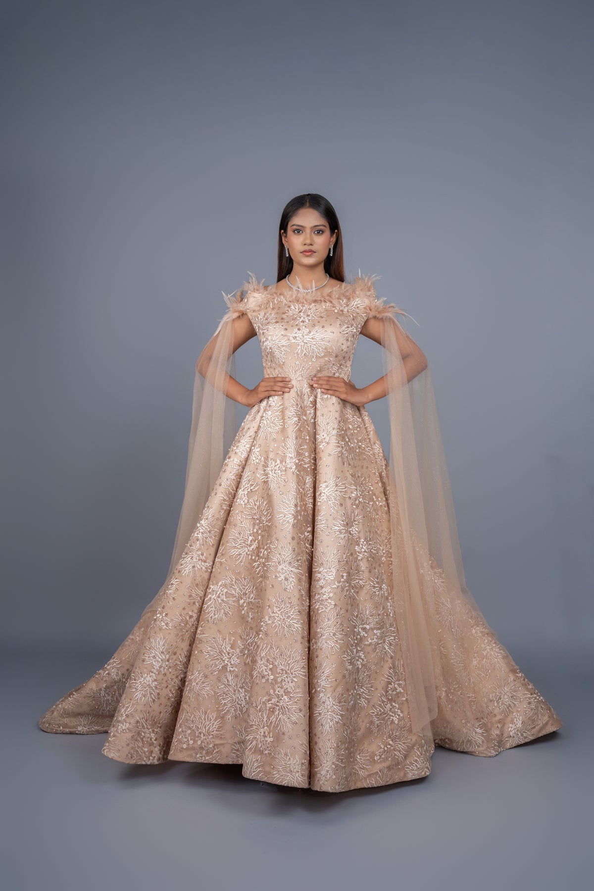 Beige Gold colour gown with long tail cut