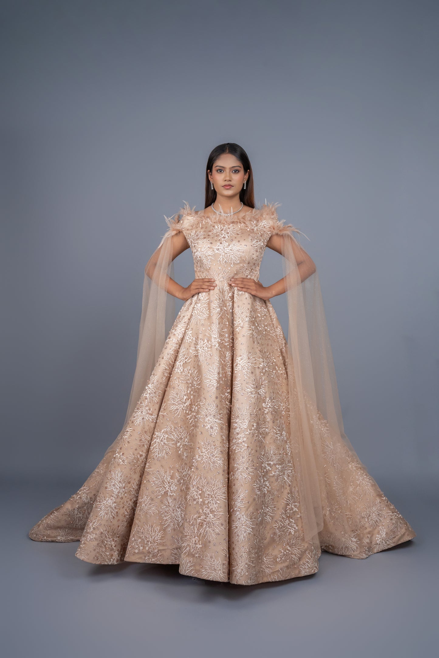 Beige Gold colour gown with long tail cut