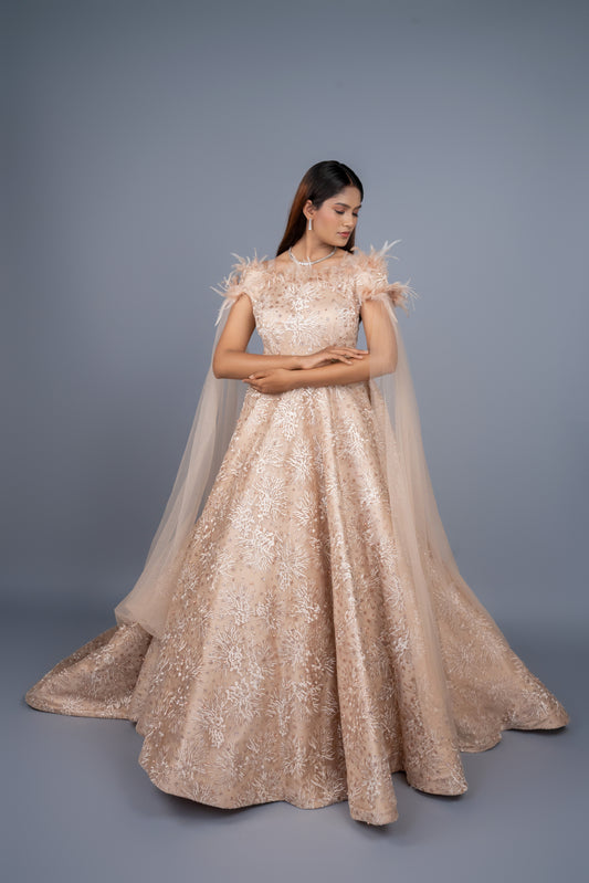Beige Gold colour gown with long tail cut