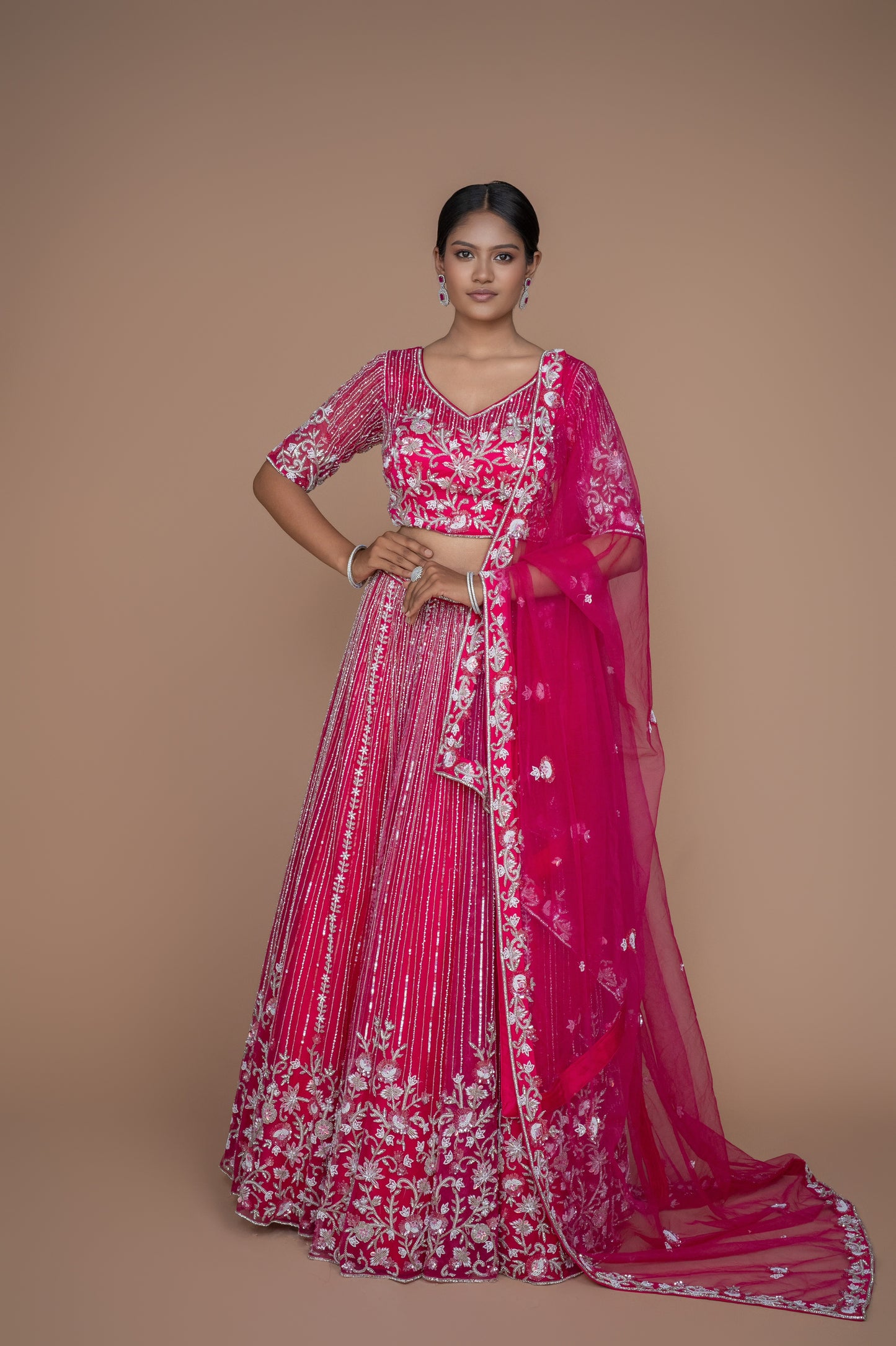hot pink handwork lehenga with customisable options.