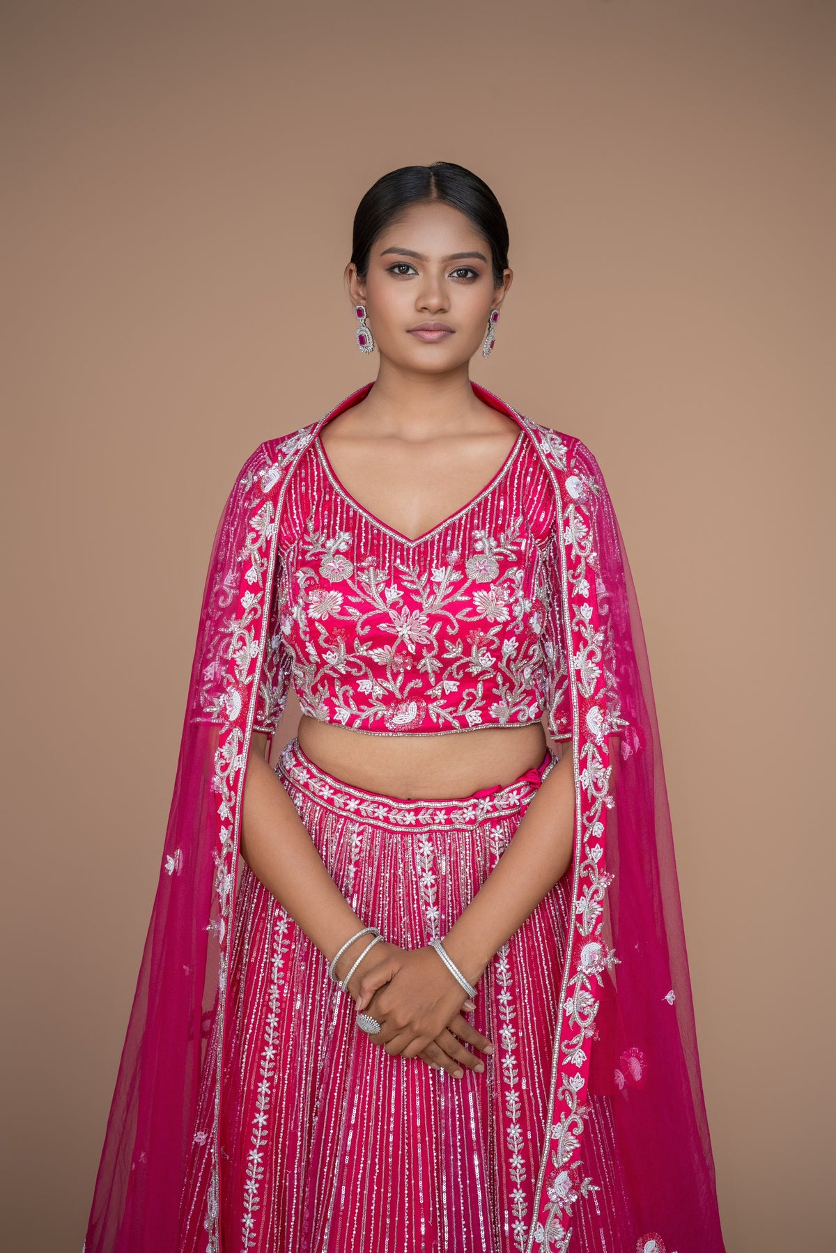 hot pink handwork lehenga with customisable options.