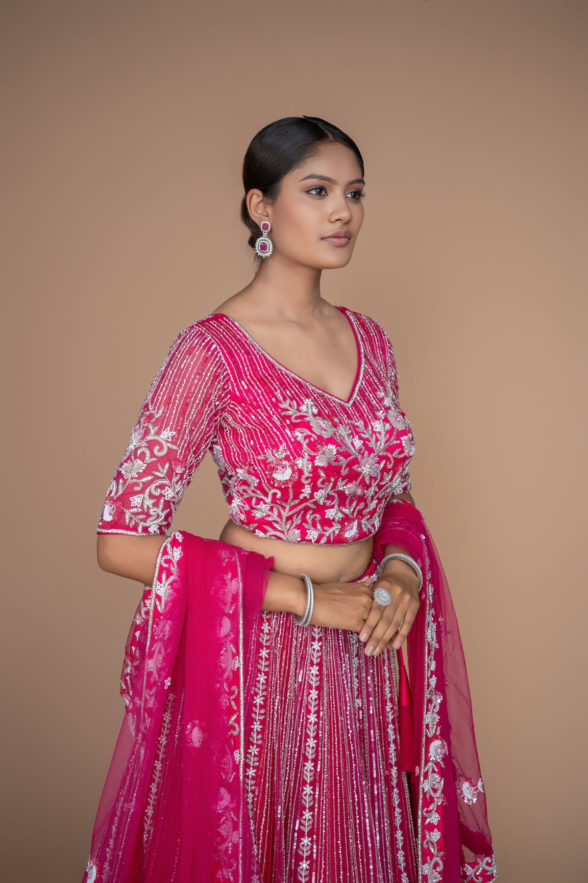 hot pink handwork lehenga with customisable options.