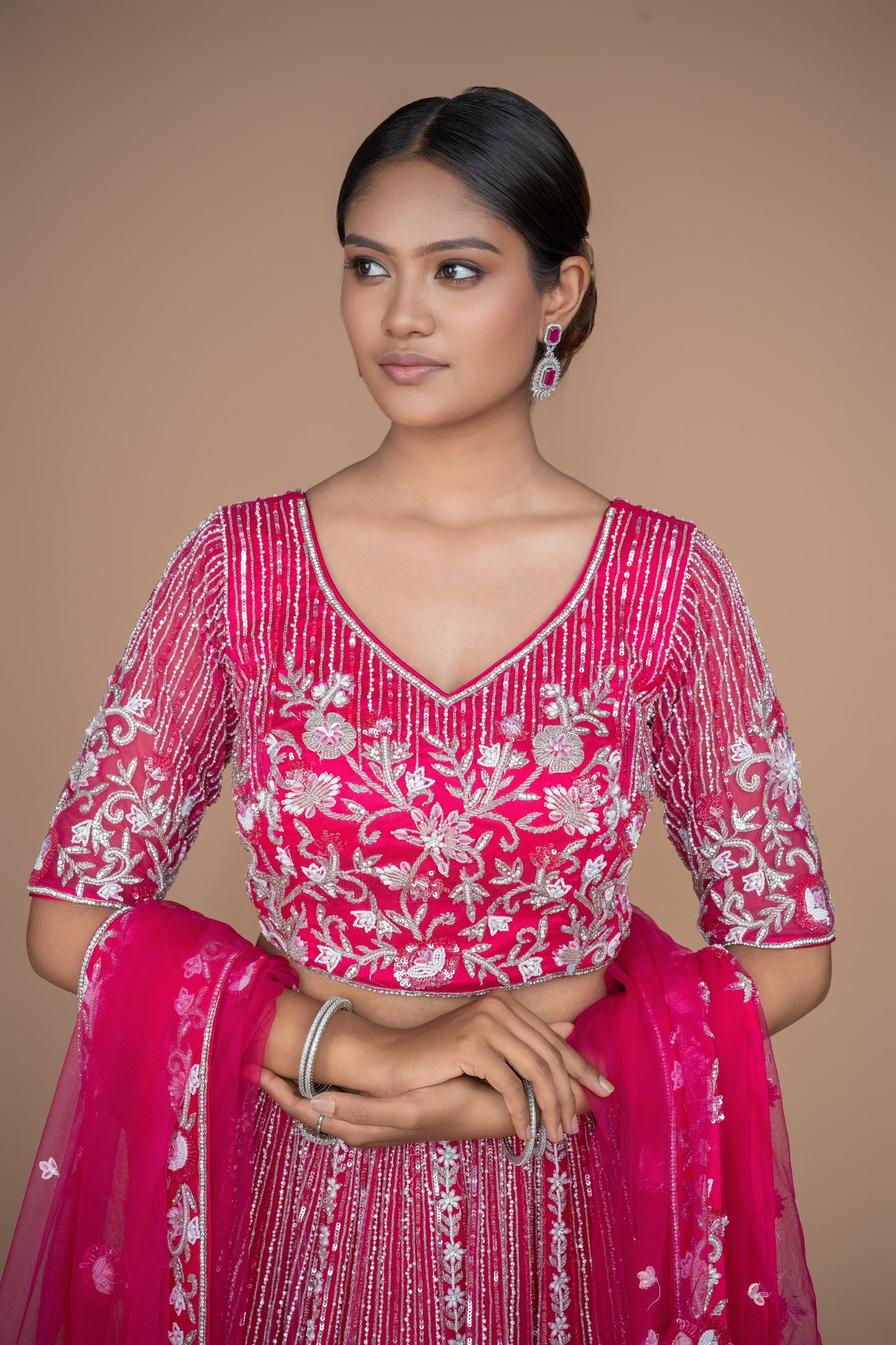 hot pink handwork lehenga with customisable options.