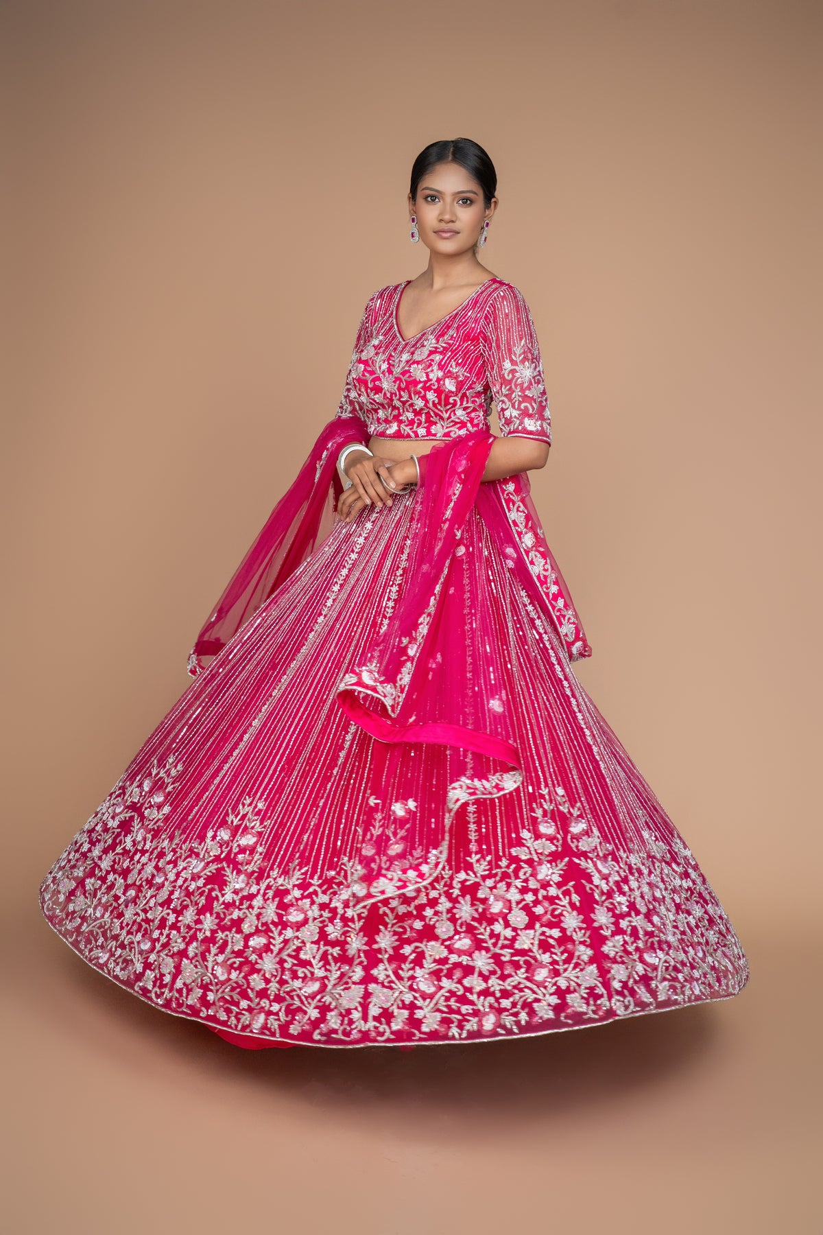 hot pink handwork lehenga with customisable options.