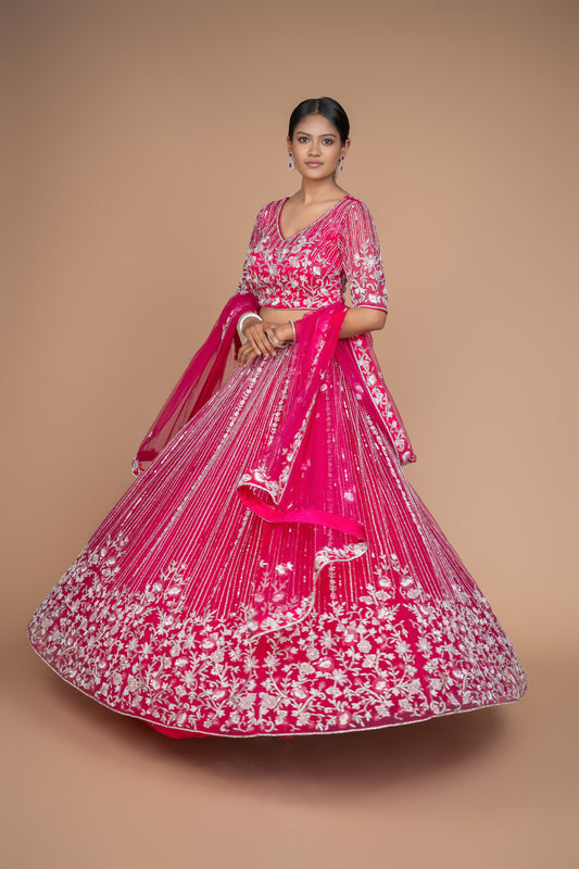 hot pink handwork lehenga with customisable options.