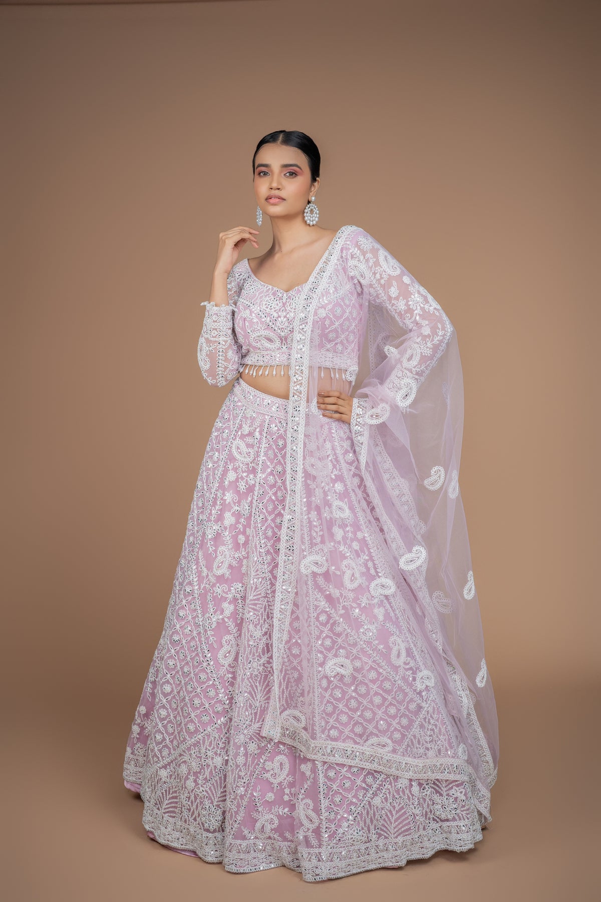 powder pink colour off white dori work lehenga with full sleeves