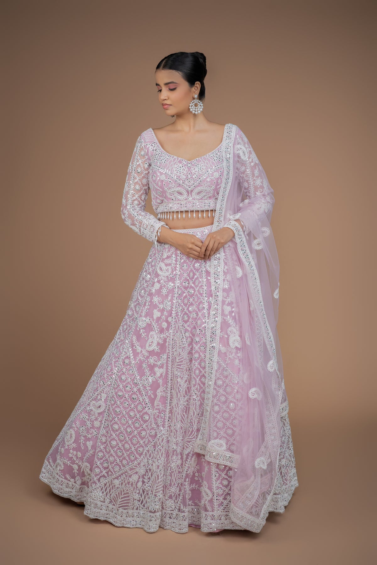 powder pink colour off white dori work lehenga with full sleeves