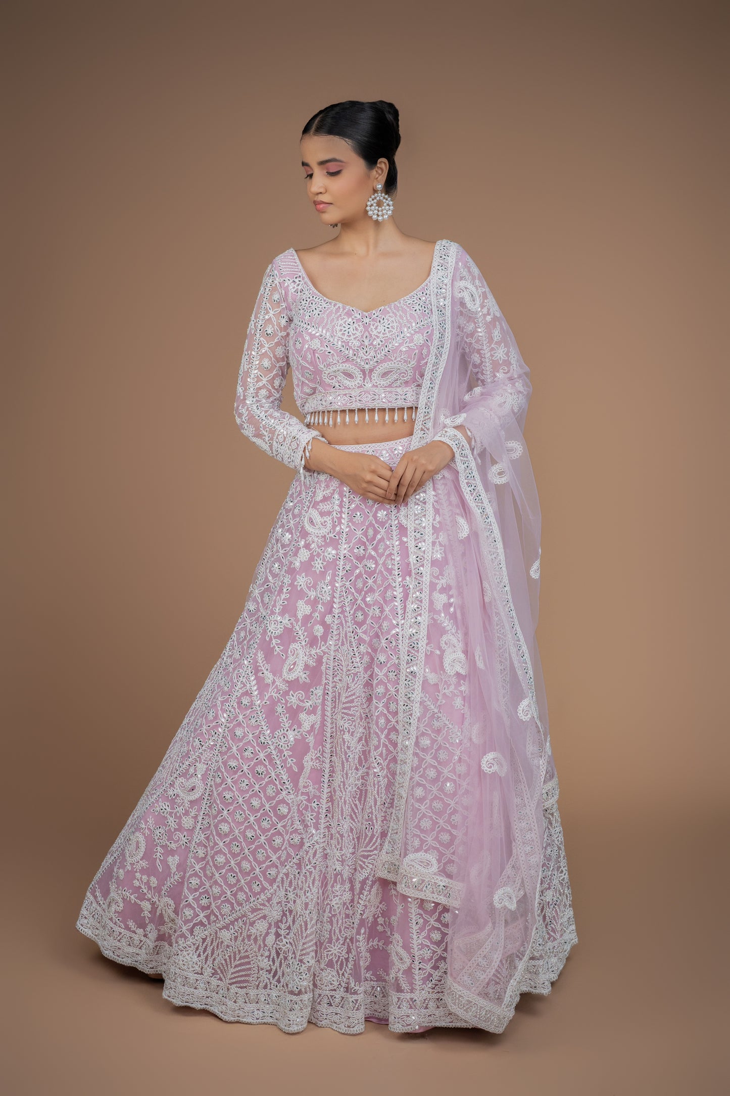 powder pink colour off white dori work lehenga with full sleeves