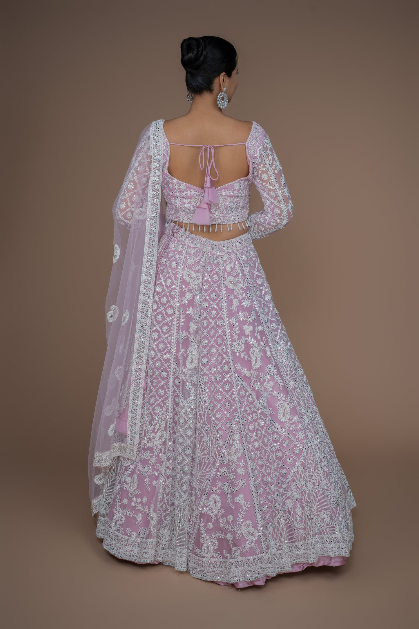 powder pink colour off white dori work lehenga with full sleeves