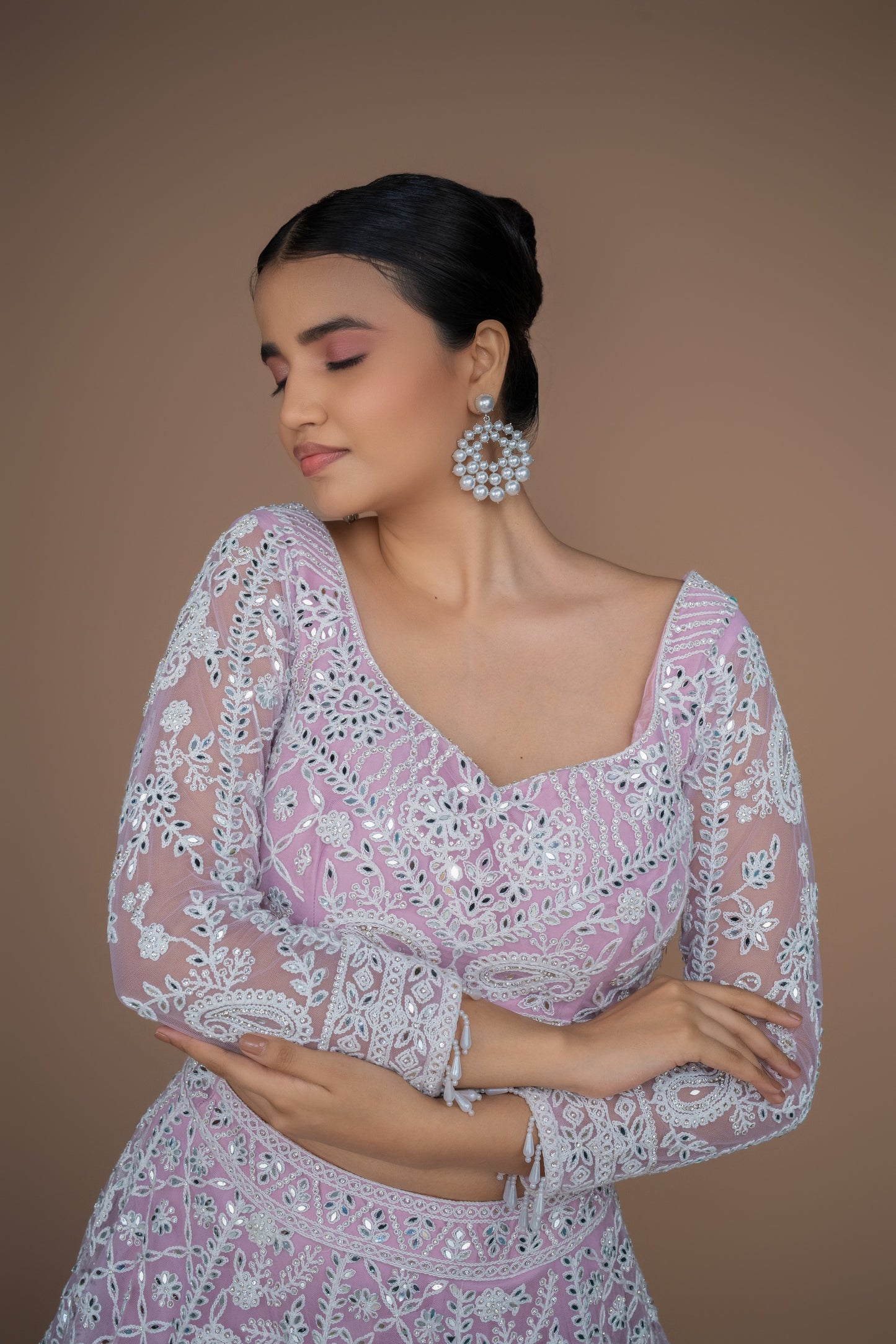 powder pink colour off white dori work lehenga with full sleeves