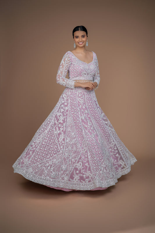 powder pink colour off white dori work lehenga with full sleeves