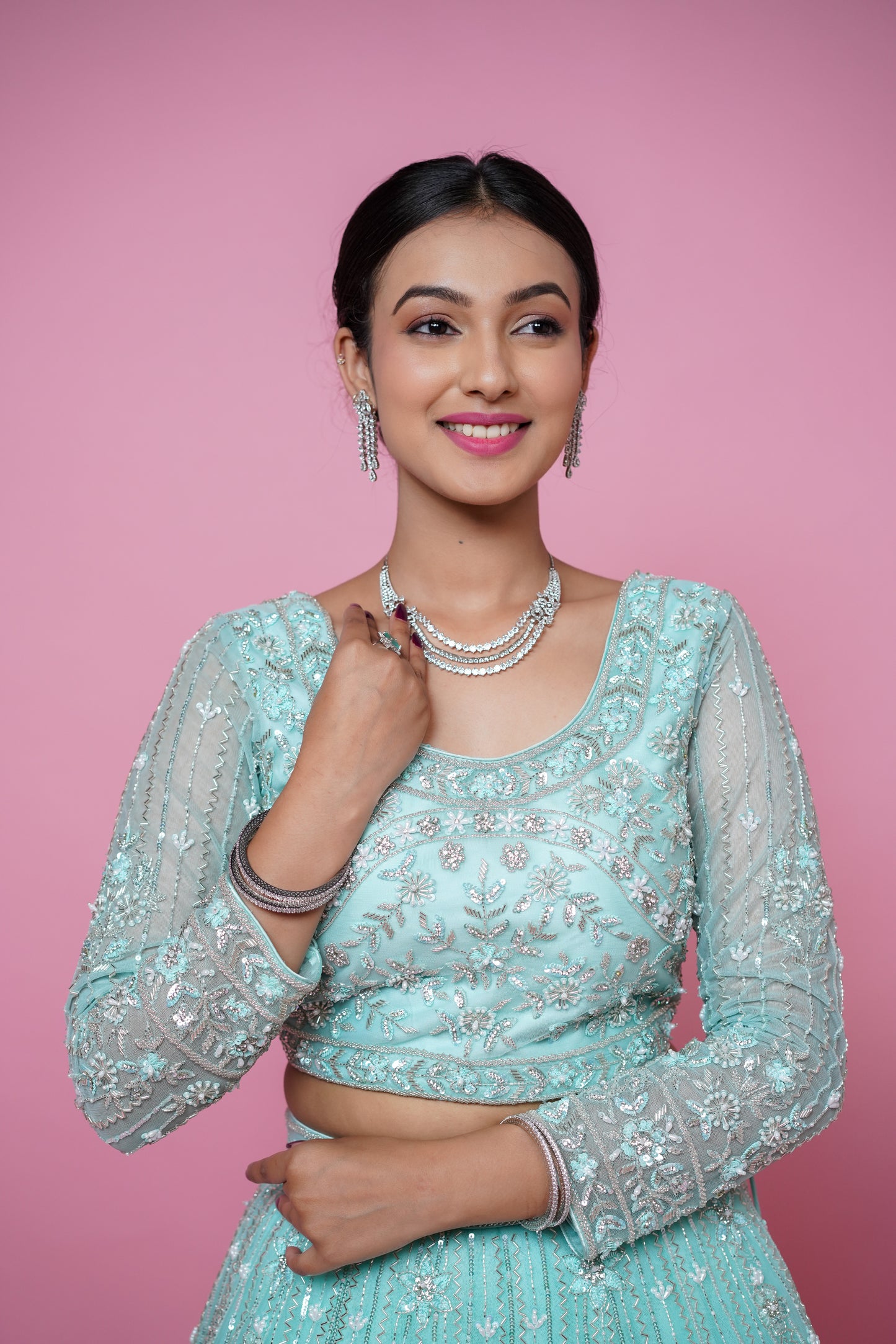 ombre green lehenga with handwork.