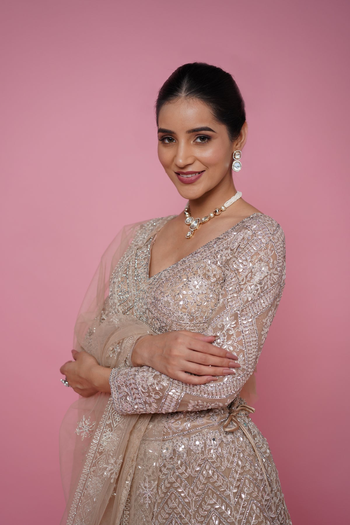 beige gold lehenga best suited for engagement and recpetion function