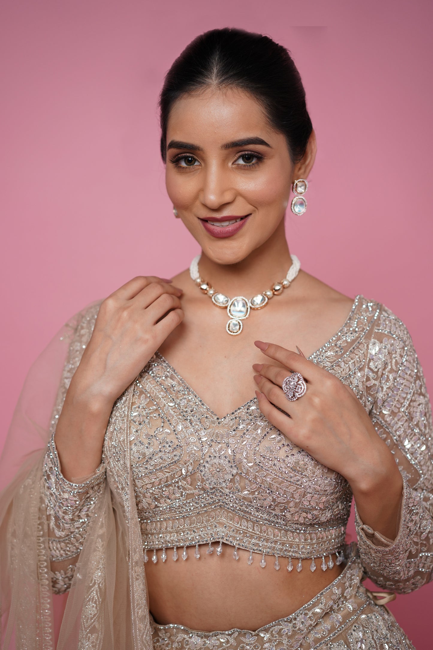 beige gold lehenga best suited for engagement and recpetion function