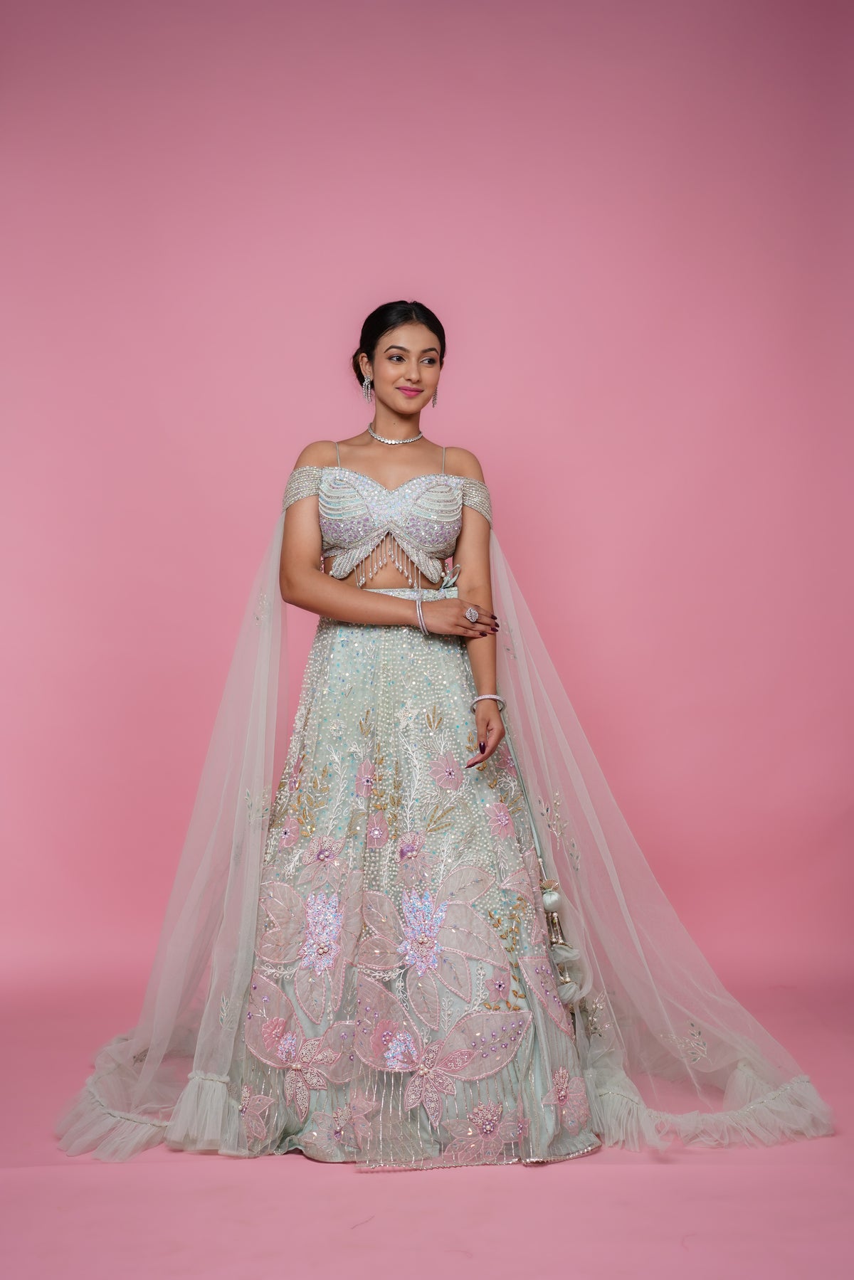 pista green designer blouse sangeet lehenga