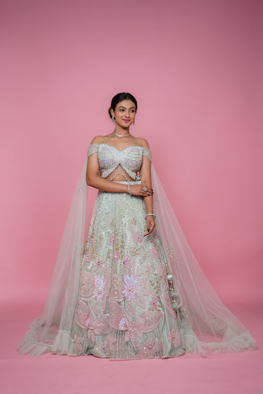 pista green designer blouse sangeet lehenga