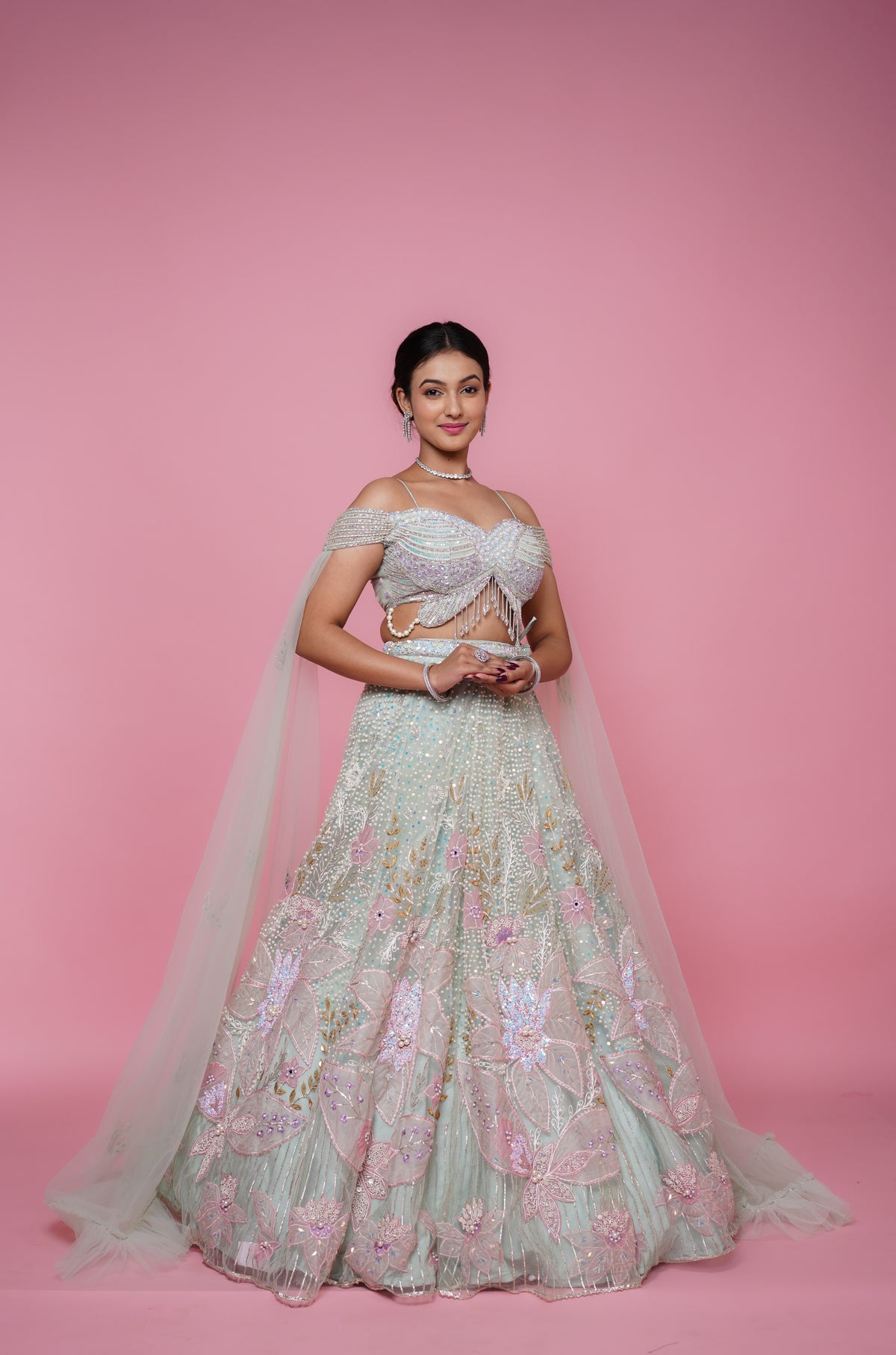 pista green designer blouse sangeet lehenga