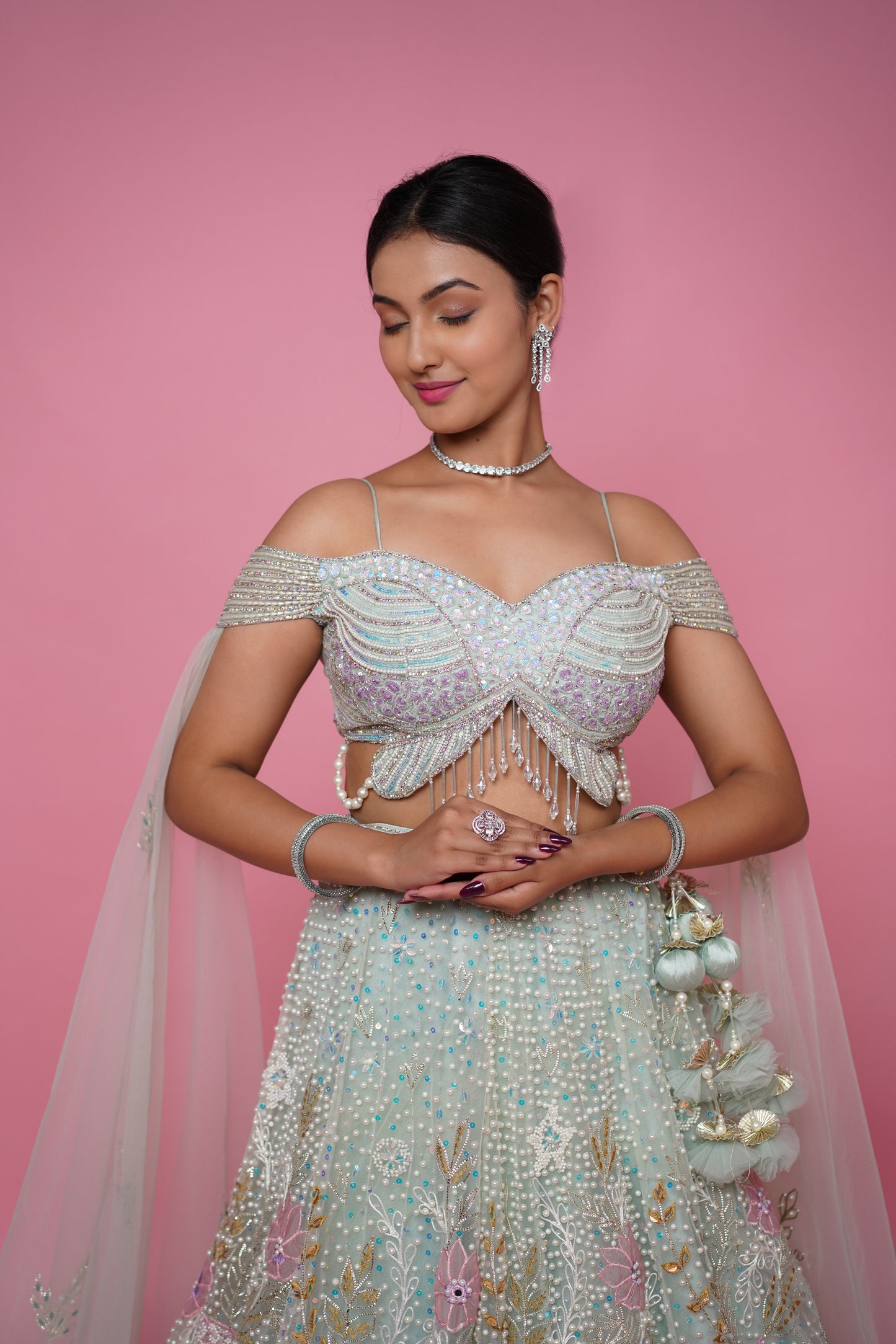 pista green designer blouse sangeet lehenga