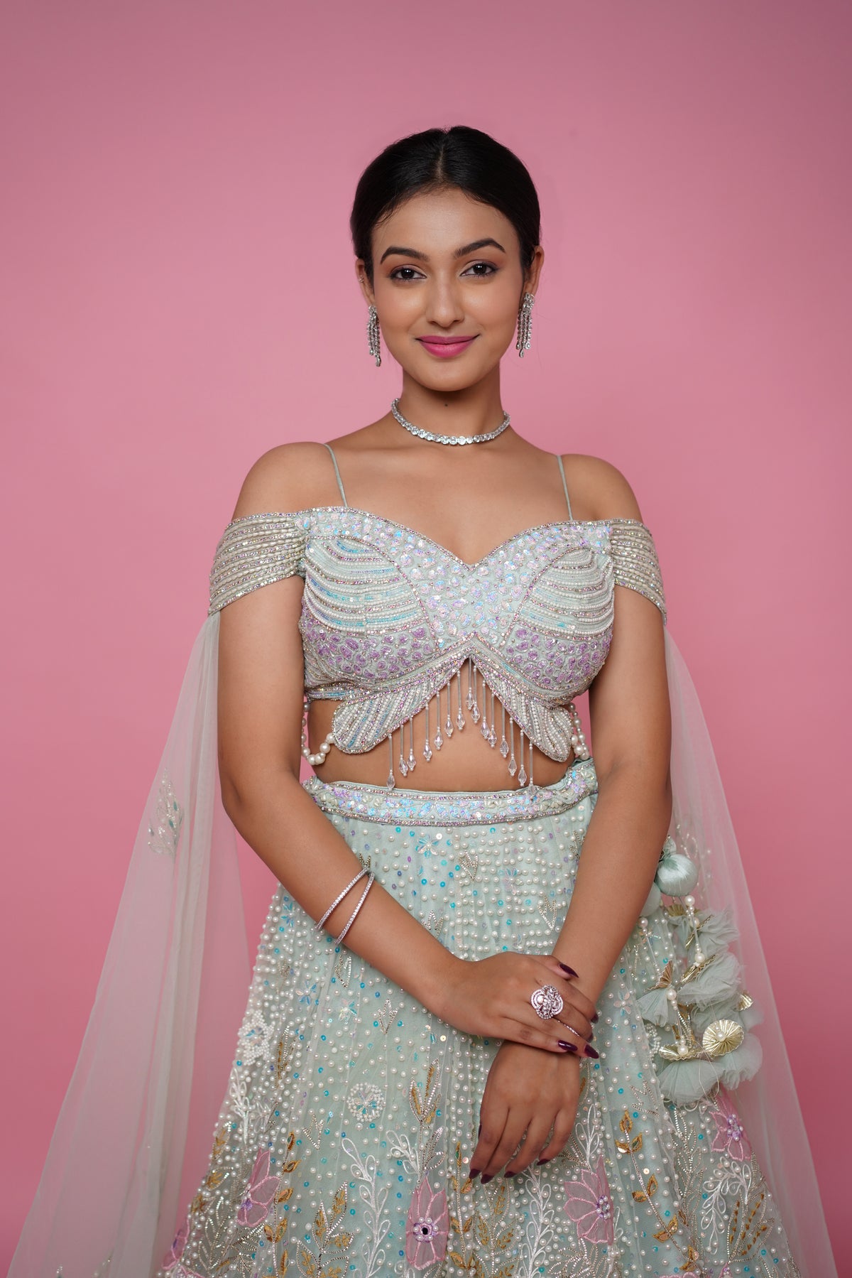 pista green designer blouse sangeet lehenga