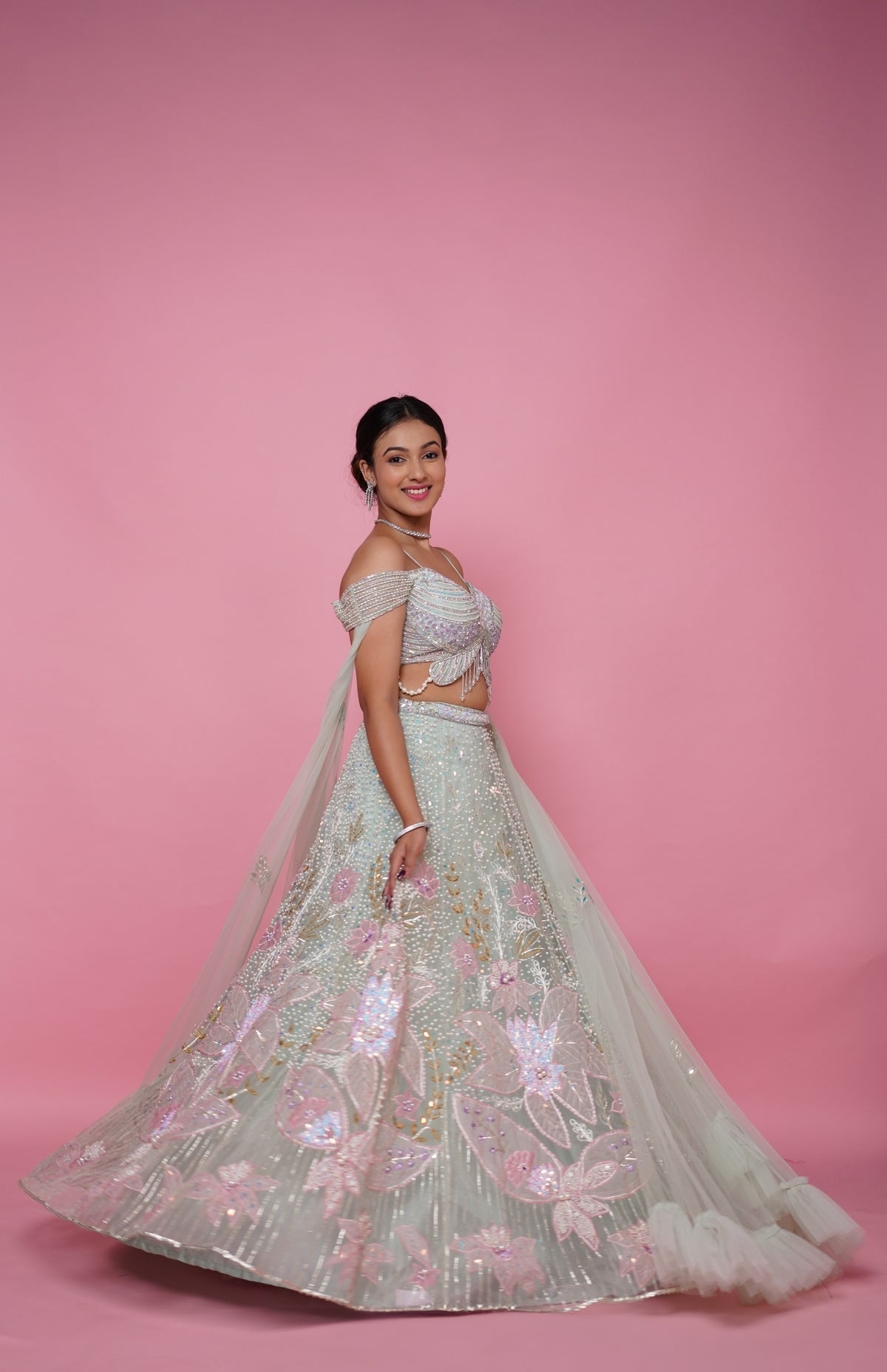 pista green designer blouse sangeet lehenga