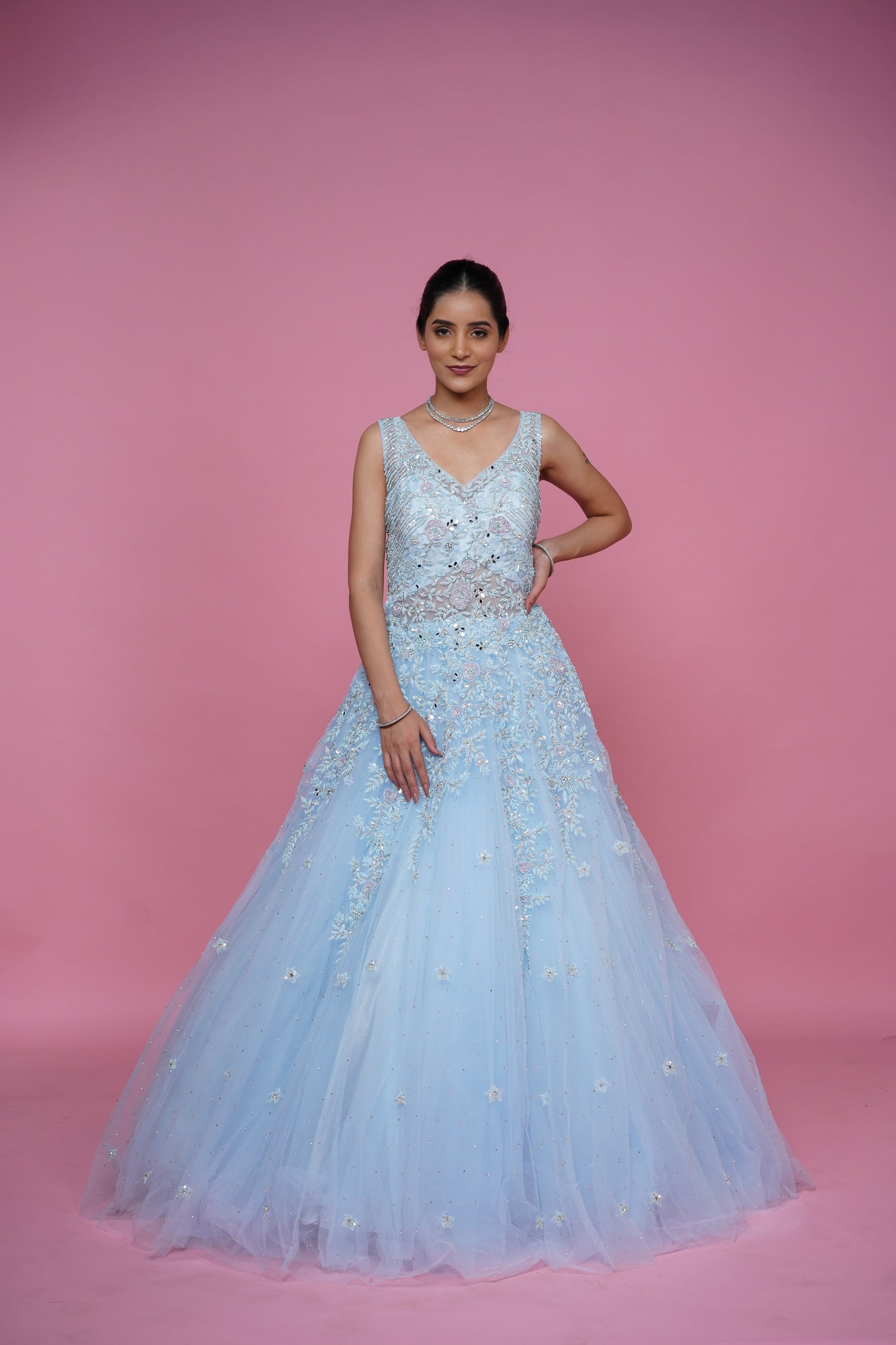 bridal gown in sky colour with handwork and colour cusotmisation option available.