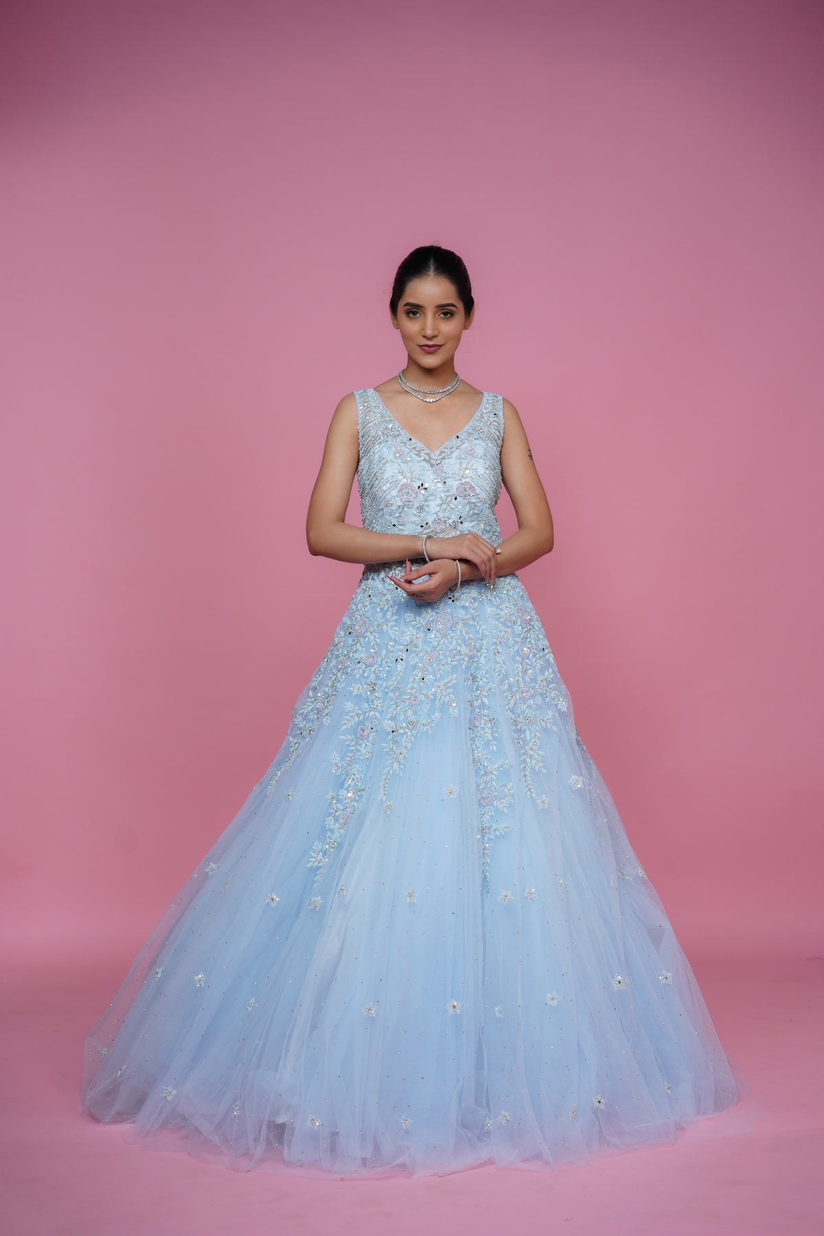 bridal gown in sky colour with handwork and colour cusotmisation option available.