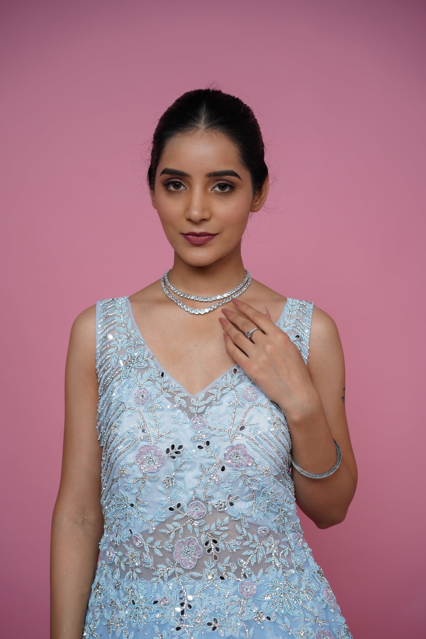 bridal gown in sky colour with handwork and colour cusotmisation option available.