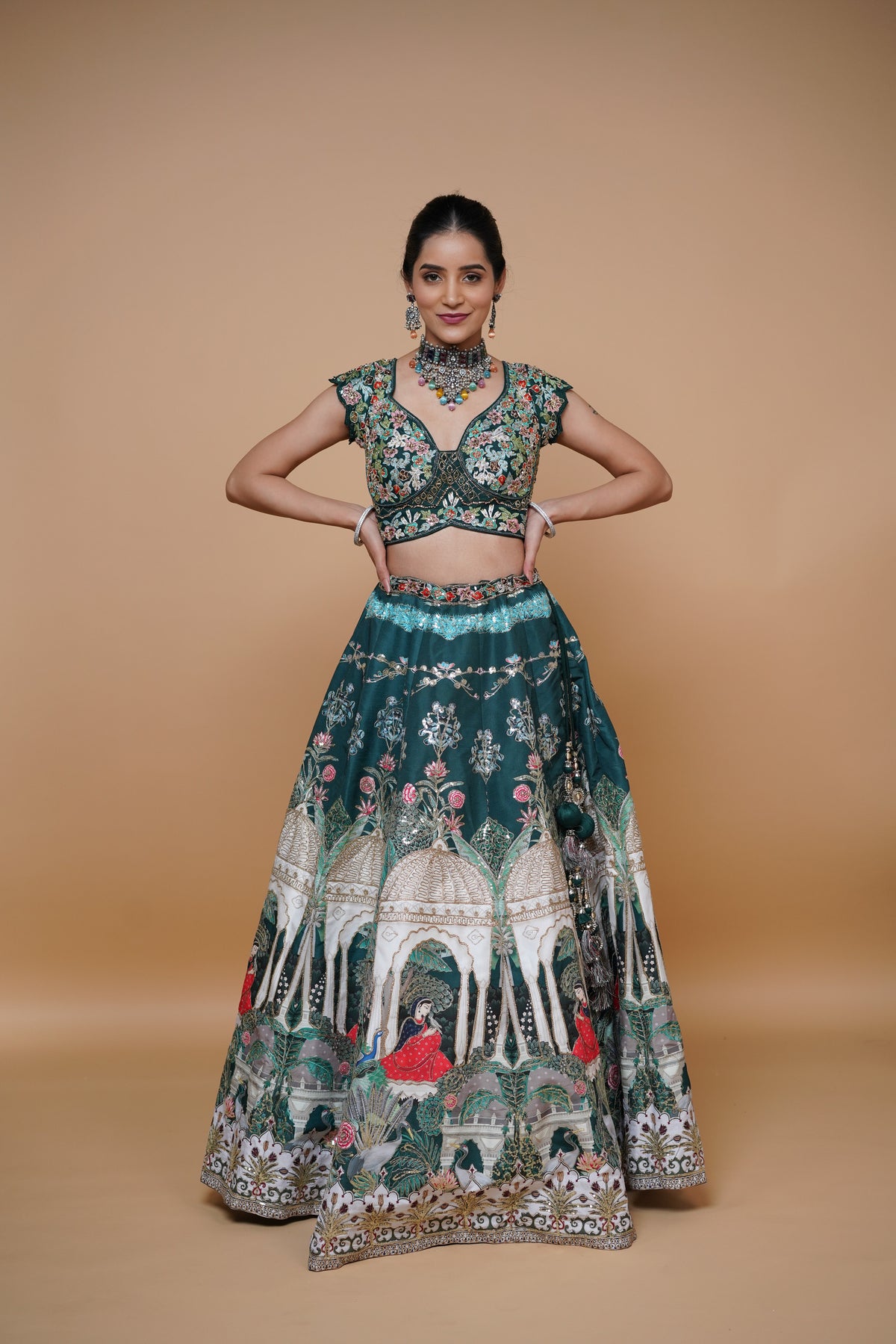 green carnival theme bridal lehenga with designer blouse design.