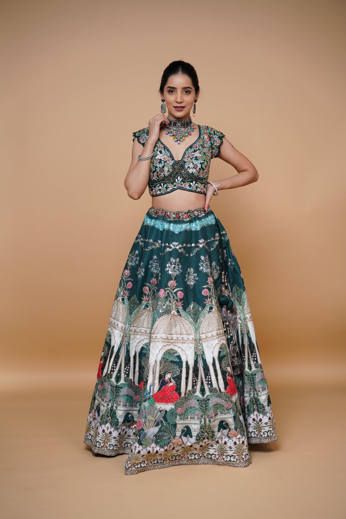 green carnival theme bridal lehenga with designer blouse design.