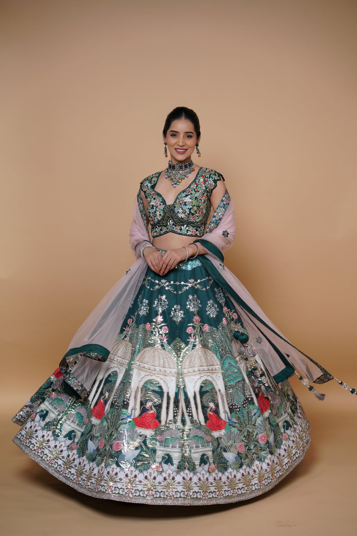 green carnival theme bridal lehenga with designer blouse design.