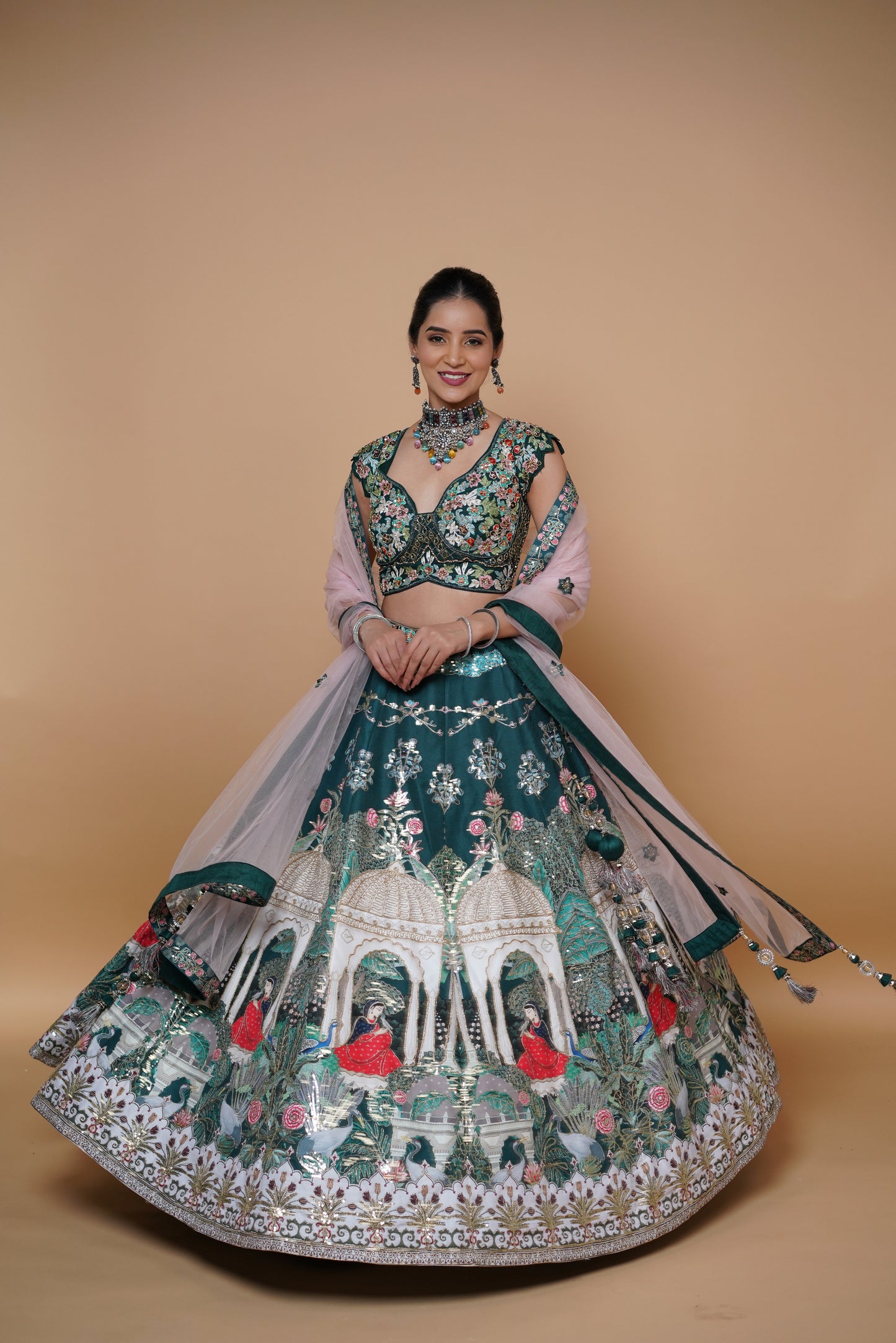 green carnival theme bridal lehenga with designer blouse design.