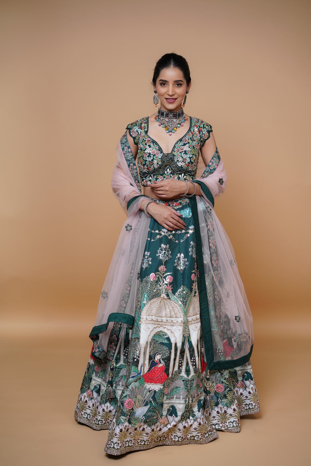 green carnival theme bridal lehenga with designer blouse design.