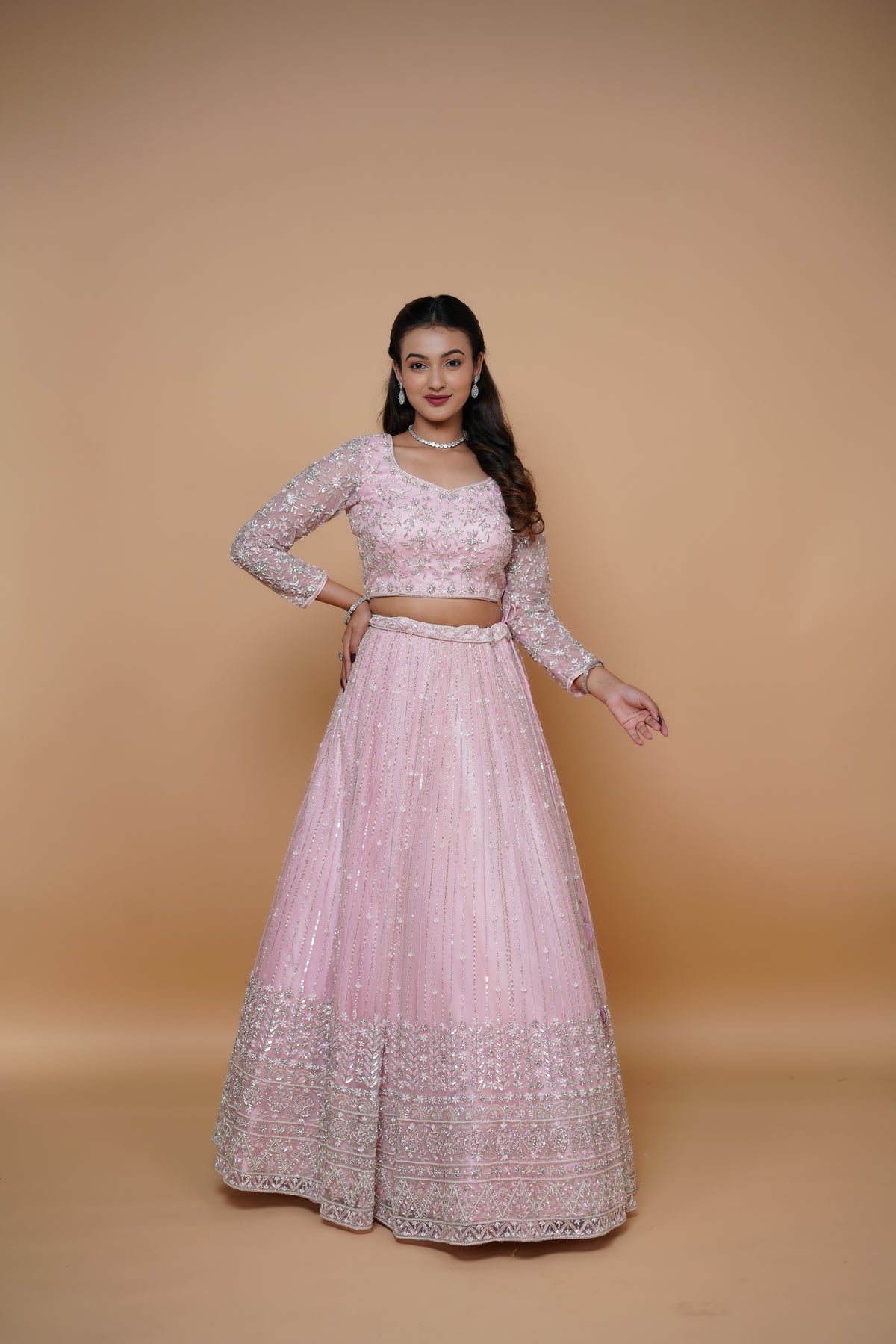 hand work pink lenega with elegant design best suited for reception.