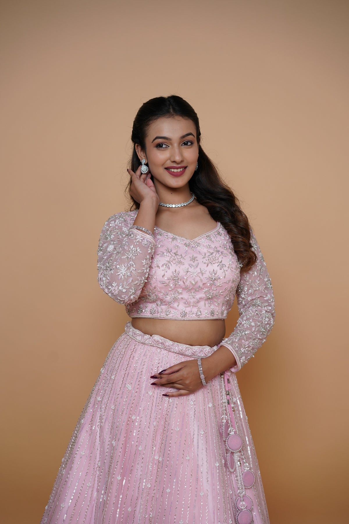 hand work pink lenega with elegant design best suited for reception.