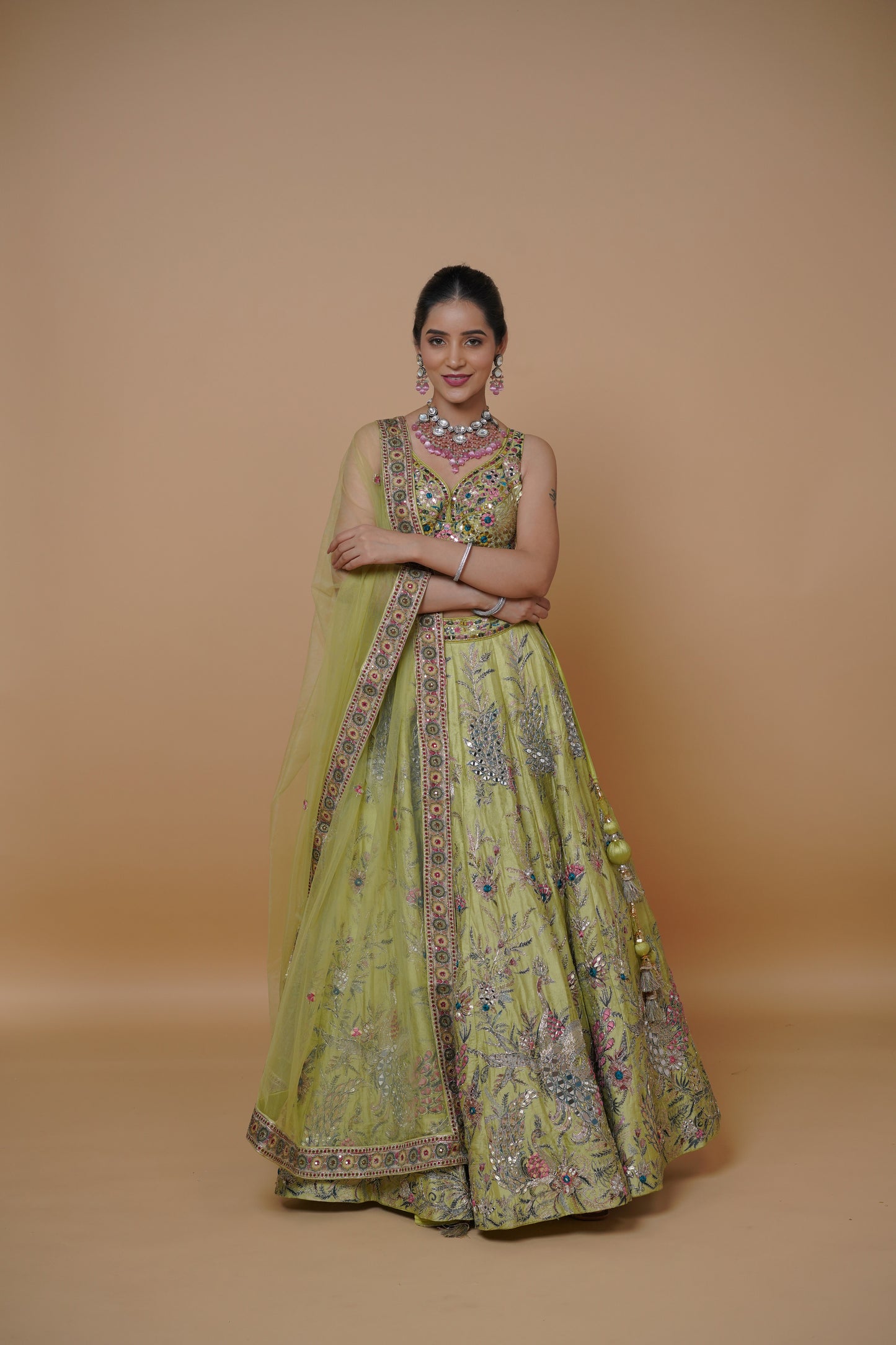 carnival theme designer green lehenga with heavy fabric and print.