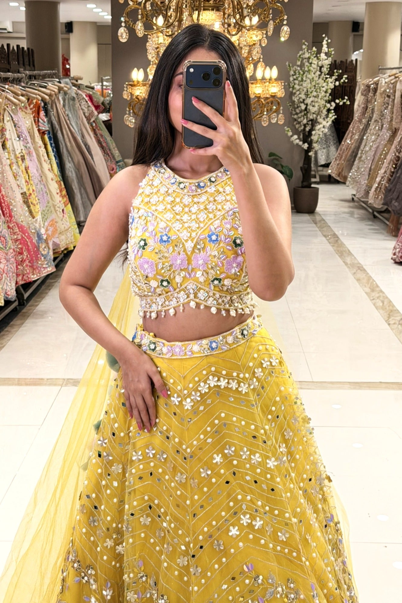 Yellow mirror work lehenga with halter neck blouse and chevron pearl embroidery – Urban Dulhaniya Pune